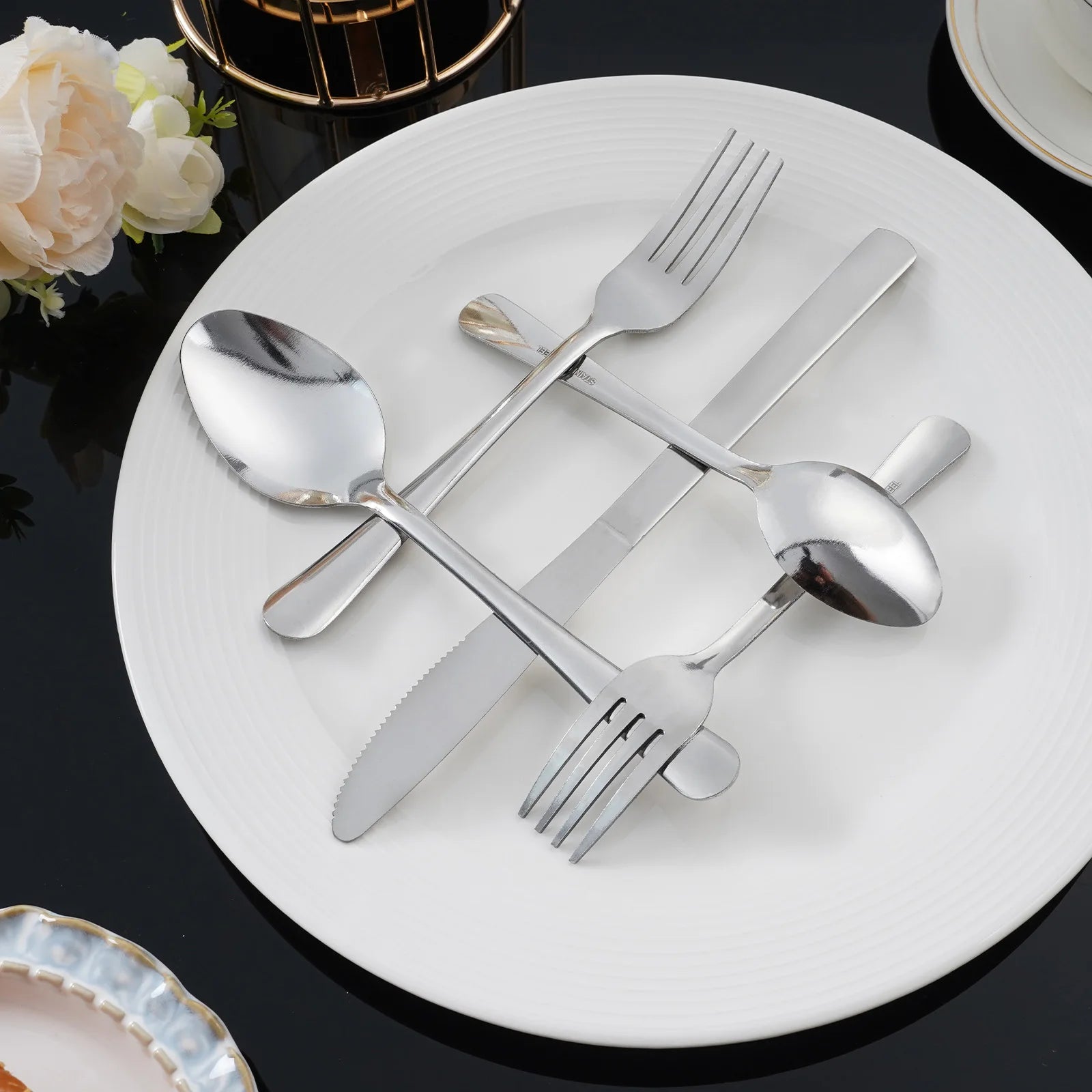 HANSMART 60Pcs Stainless Steel Flatware Set Service for 12 Vertical Ribbed Handle Silverware Cutlery Set Dinner Fork Salad Fork Spoon Knife Kitchen Tableware Dishwasher Safe Home Wedding Gift