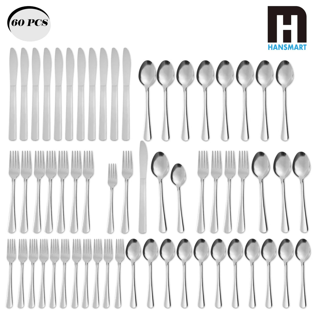 HANSMART 60Pcs Stainless Steel Flatware Set Service for 12 Vertical Ribbed Handle Silverware Cutlery Set Dinner Fork Salad Fork Spoon Knife Kitchen Tableware Dishwasher Safe Home Wedding Gift