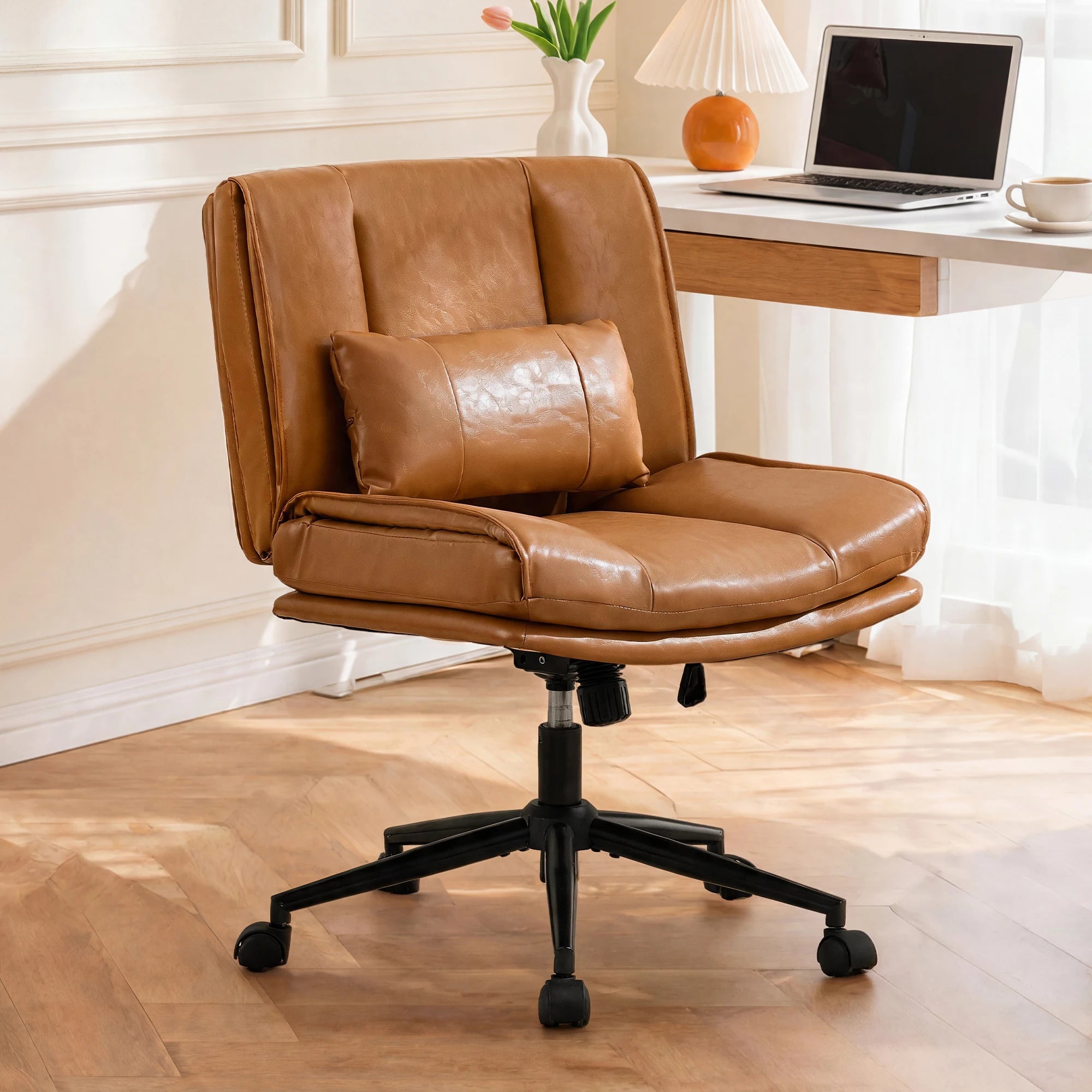 TCGBKAF Armless Criss Cross Office Chair with Wheels PU Khaki 5.5" Double Layers Thickened Seat Cushion and Backrest With Lumbar Pillow Wide Soft Cross Legged Swivel Chair