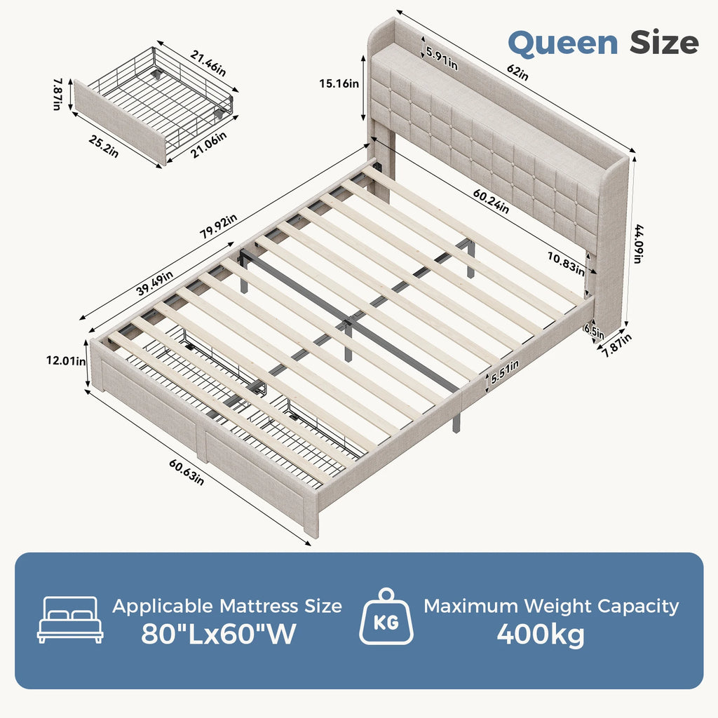 MCQ Full Queen Size Bed Frame with Headboard Sturdy Wooden Slats Support Upholstere Platform Bedframe with 2 Fabric Underbed Storage Drawers No Box Spring Needed For Home Bedroom