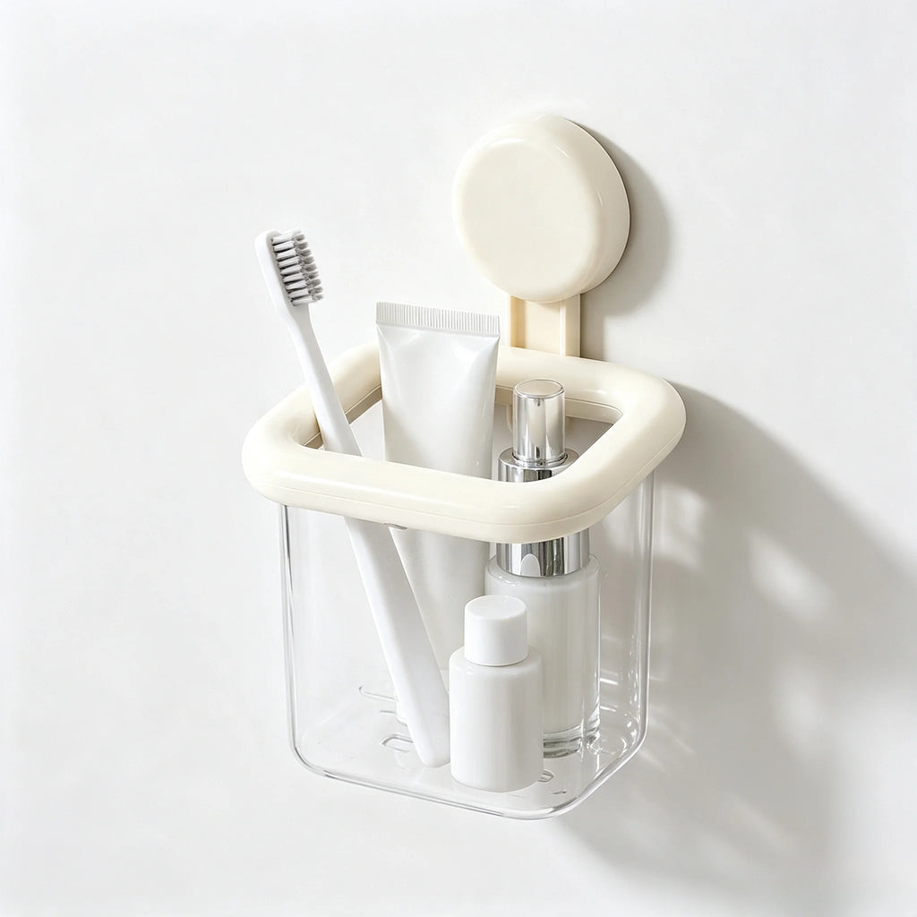 Punch‑Free Suction Cup Wall Mount Storage Holder, Wall Hanging Mini Organizer Cup for Makeup Brushes Toothbrush Small Sundries, Removable Suction Storage Bin for Bathroom Vanity Kitchen