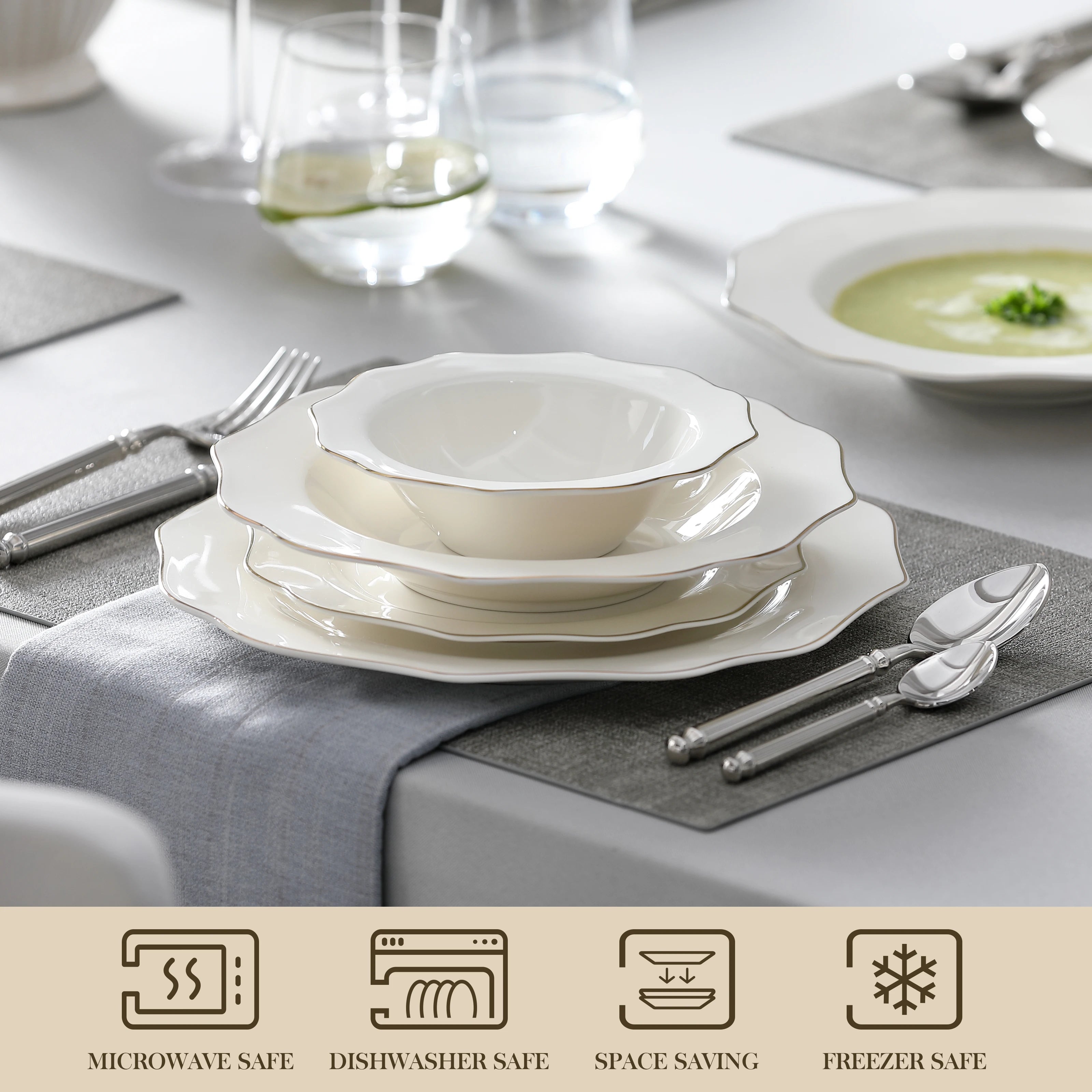 MALACASA 16/32-PIECE Nordic European Golden Rim White Porcelain Tableware Set with Bowl,Dinner&Dessert&Soup Plate Set for 4/8