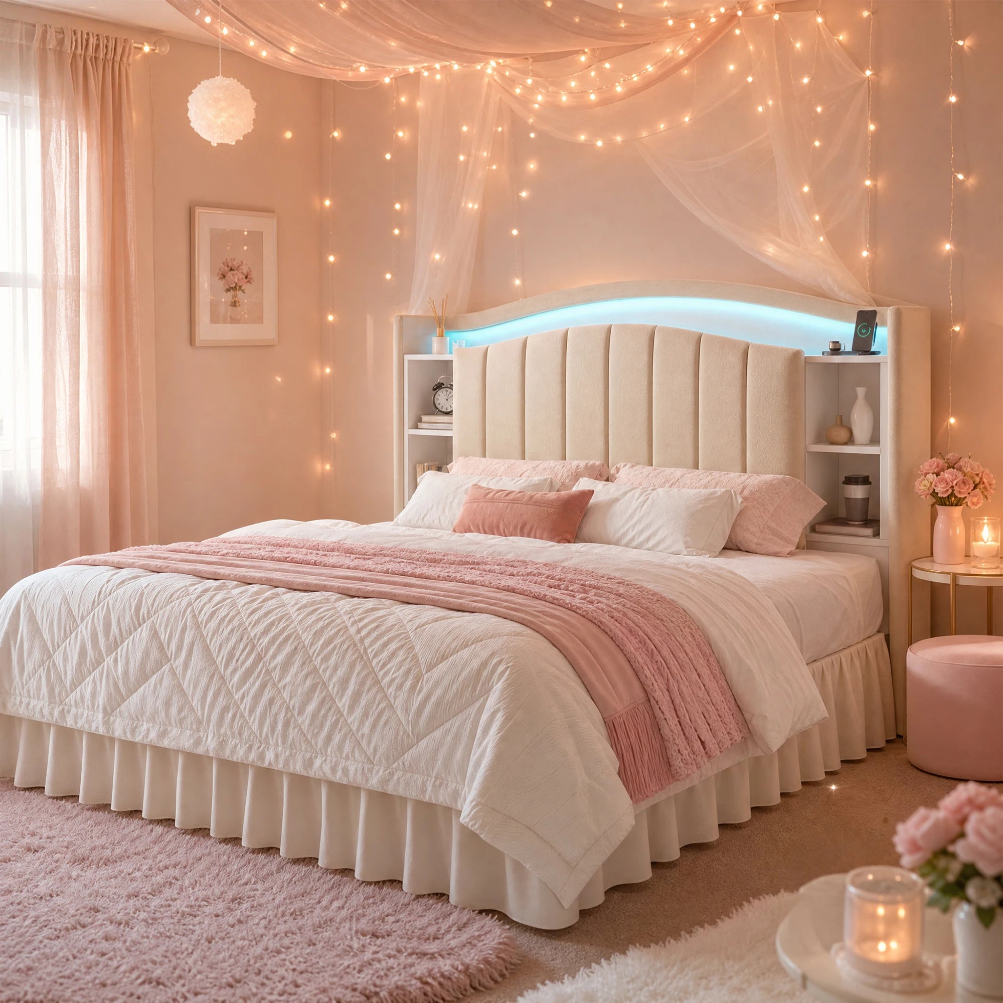 EnHomee Bed Frame with Bookcase Headboard & Hidden-Cubby Platform Bed Frame with Bed Skirt Design, LED Lights & Charging Station, 14-Inch Under Bed Storage, Noise-Free