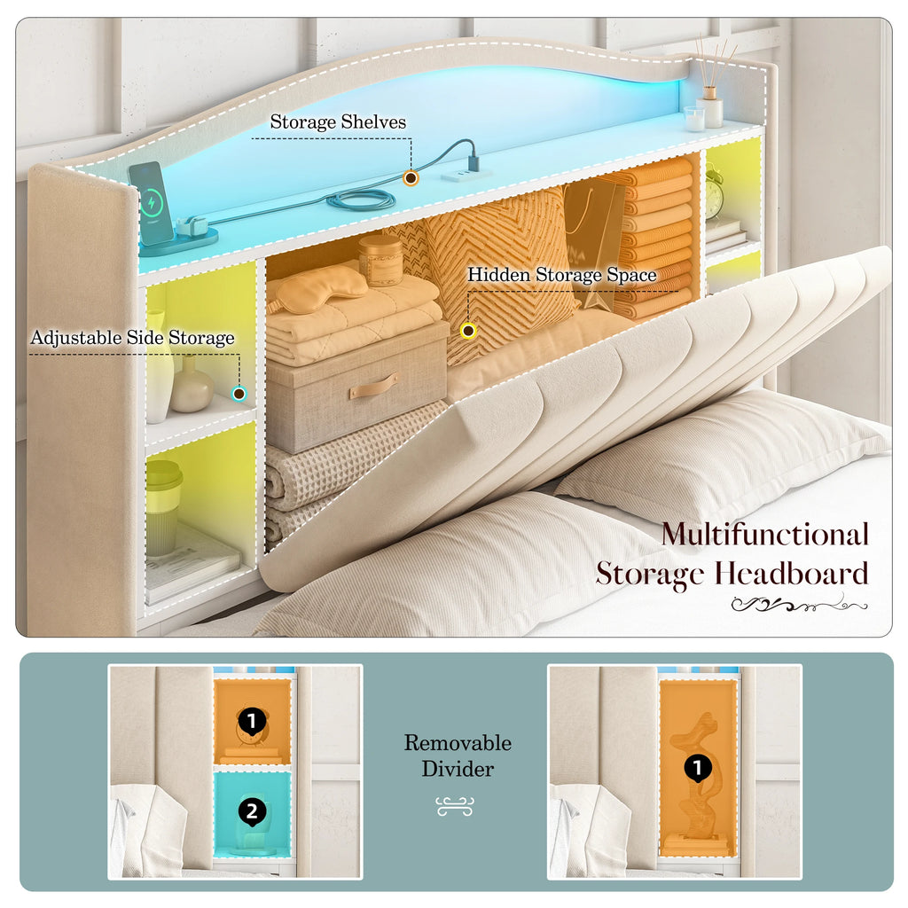 EnHomee Bed Frame with Bookcase Headboard & Hidden-Cubby Platform Bed Frame with Bed Skirt Design, LED Lights & Charging Station, 14-Inch Under Bed Storage, Noise-Free