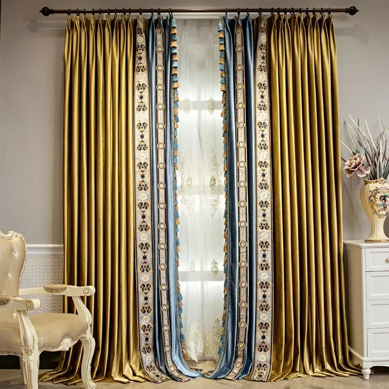 High-end European-style Luxury American-style Golden and Blue Shading Velvet Curtains Bedroom Living Room Villa Customization