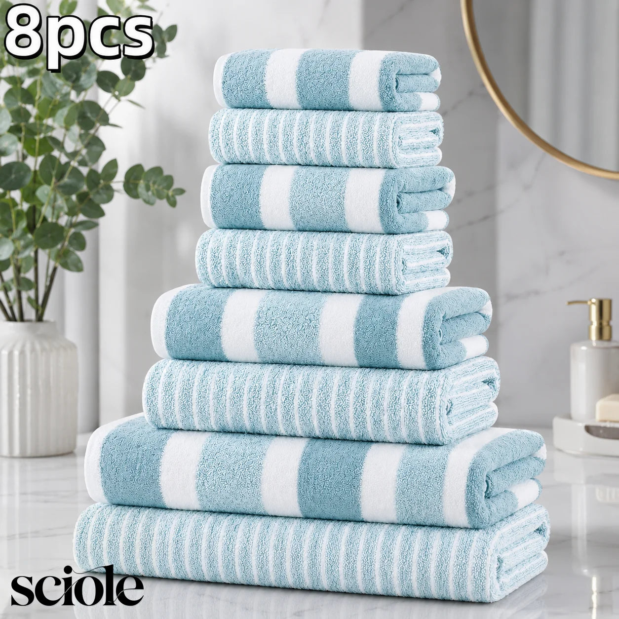 8-Piece Ultra Absorbent Towel Set, Lint-Free & Super Soft Two-Tone Striped Bath Towel Collection, Premium Microfiber Bathroom Towel Set Includes 2 Bath Towels, 2 Face Towels & 4 Hand Towels, Suitable for Bathroom, Spa & Hotel
