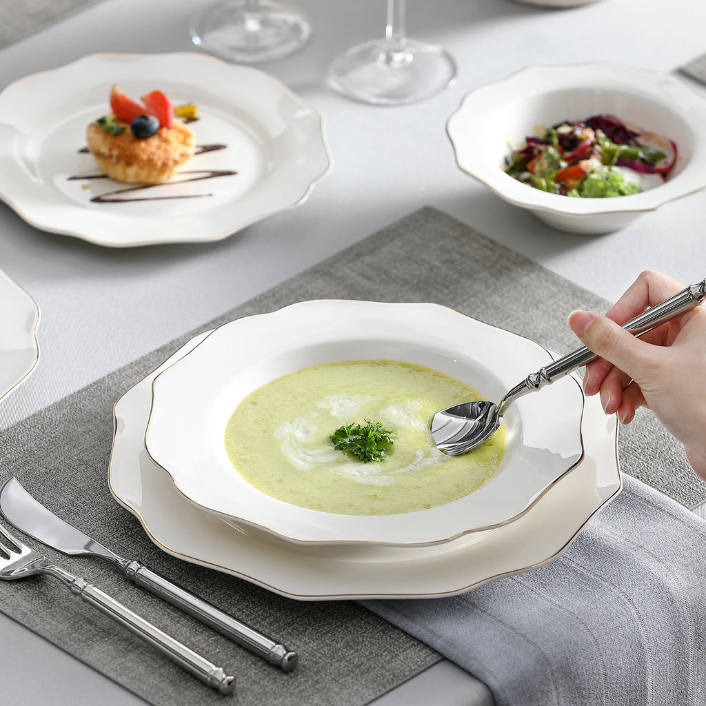 MALACASA 16/32-PIECE Nordic European Golden Rim White Porcelain Tableware Set with Bowl,Dinner&Dessert&Soup Plate Set for 4/8