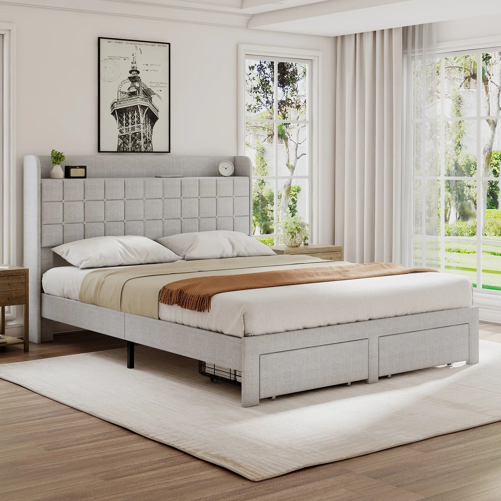 MCQ Full Queen Size Bed Frame with Headboard Sturdy Wooden Slats Support Upholstere Platform Bedframe with 2 Fabric Underbed Storage Drawers No Box Spring Needed For Home Bedroom