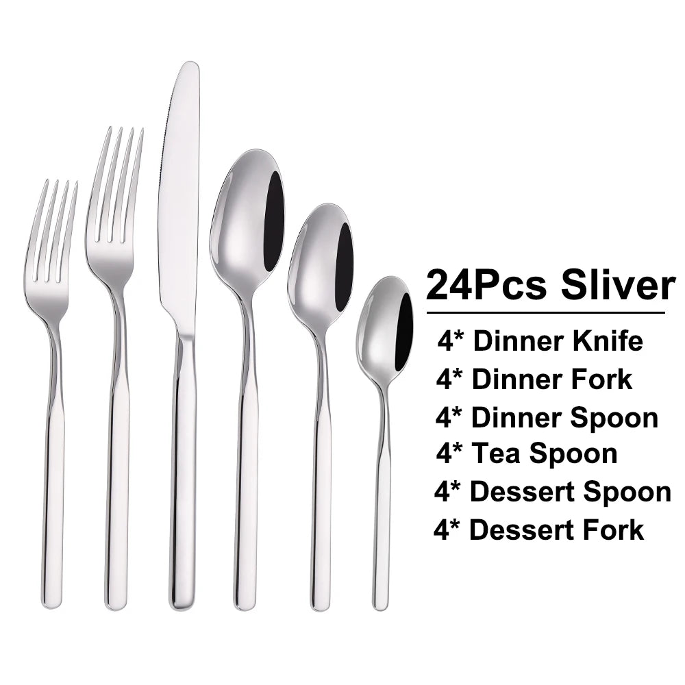 4/6/12/16/18/20/24Pcs Cutlery Set Stainless Steel 304 Tableware Western Knife Fork Spoon Set Mirror Sliverware Dishwasher Safety