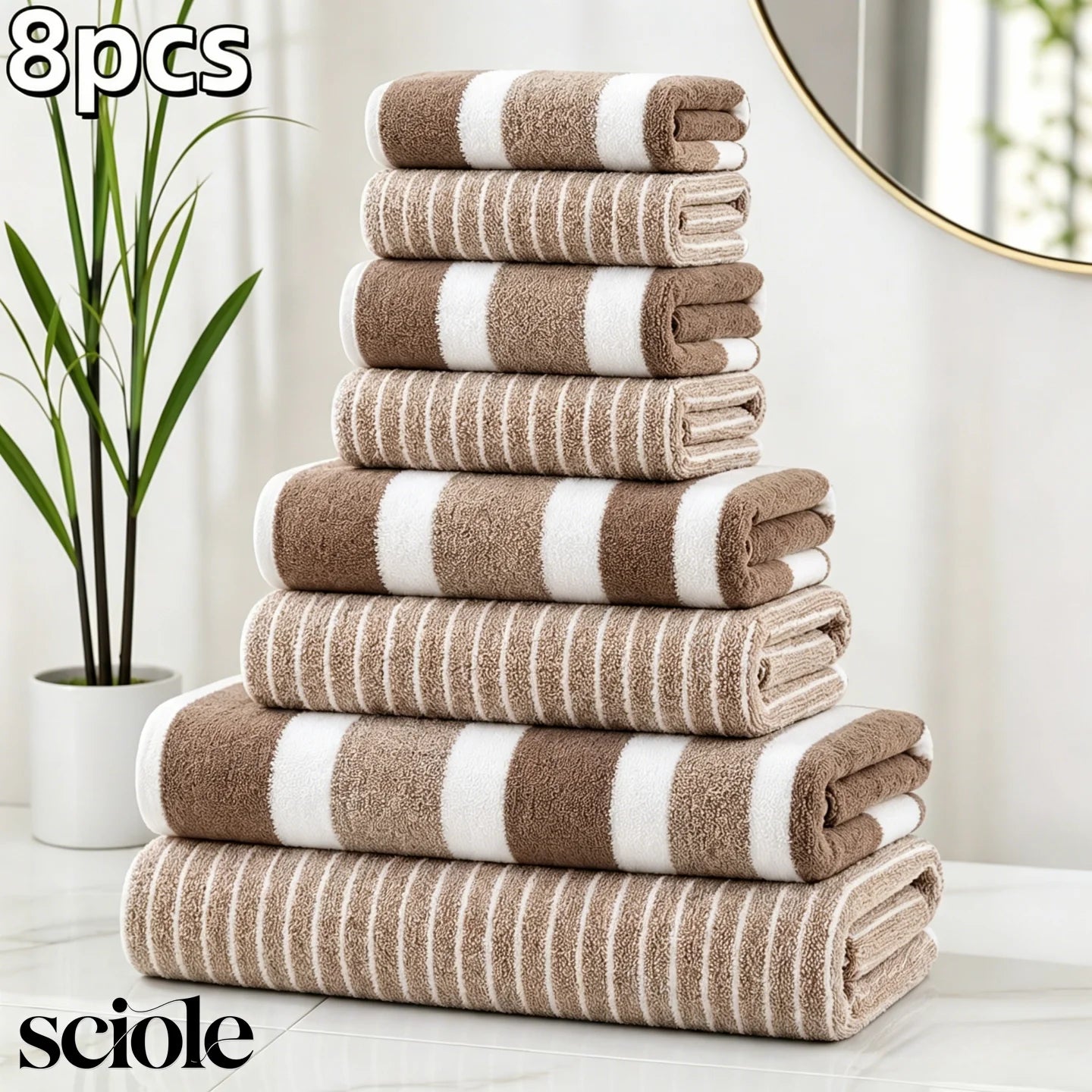 8-Piece Ultra Absorbent Towel Set, Lint-Free & Super Soft Two-Tone Striped Bath Towel Collection, Premium Microfiber Bathroom Towel Set Includes 2 Bath Towels, 2 Face Towels & 4 Hand Towels, Suitable for Bathroom, Spa & Hotel