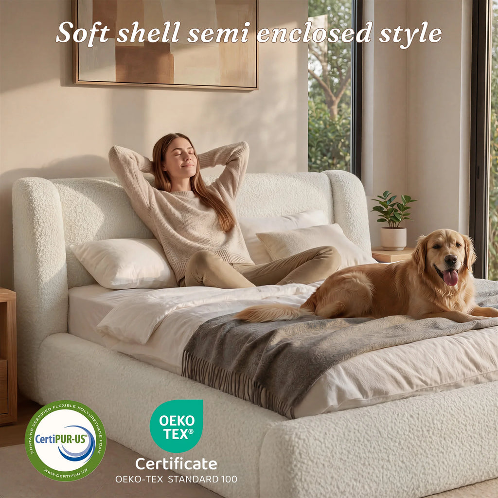 EnHomee Cloud Bed Frame with 4-inch Thick Headboard Protection, Upholstered Soft Bed Frame with Soft Rounded Corners, No Box Spring Needed