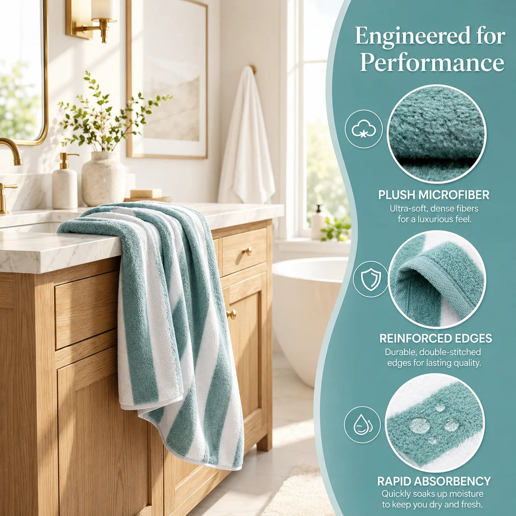 8-Piece Ultra Absorbent Towel Set, Lint-Free & Super Soft Two-Tone Striped Bath Towel Collection, Premium Microfiber Bathroom Towel Set Includes 2 Bath Towels, 2 Face Towels & 4 Hand Towels, Suitable for Bathroom, Spa & Hotel