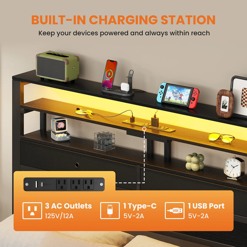 MCQ Basic Bed Frame Metal Platform with Storage LED Charging Station Headboard Sturdy Steel Slat Support All Size Bedroom Bed For Home