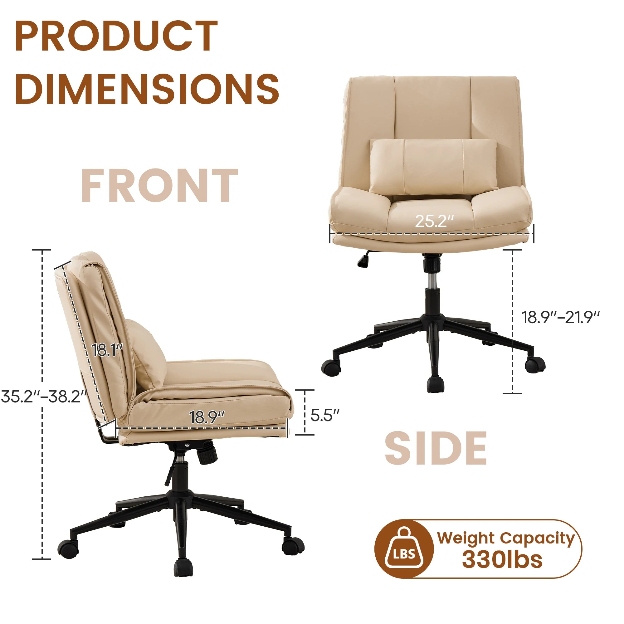 TCGBKAF Armless Criss Cross Office Chair with Wheels PU Khaki 5.5" Double Layers Thickened Seat Cushion and Backrest With Lumbar Pillow Wide Soft Cross Legged Swivel Chair