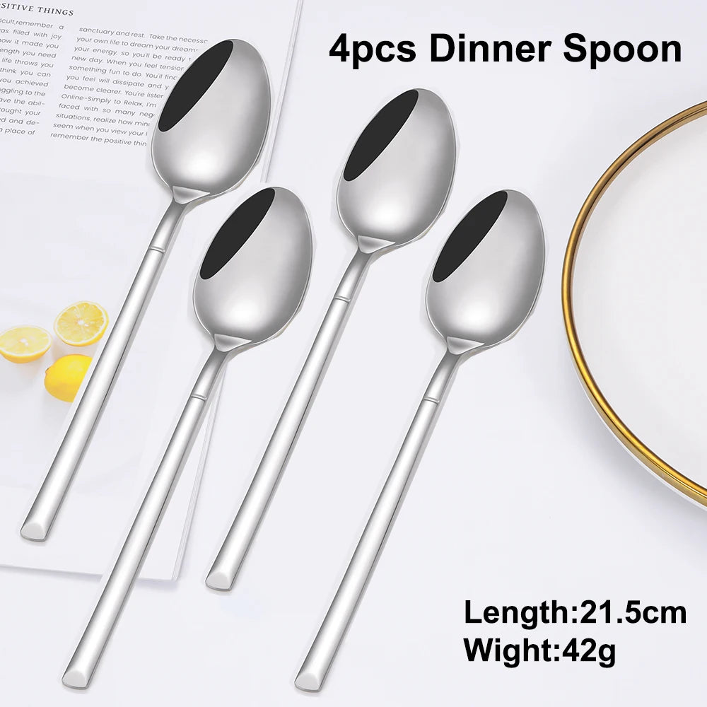 4/6 Piecces Silver Tableware Stainless Steel Cutlery Mirror Elegant Dinner Set Thin Knife Fork Spoon Flatware Sliverware
