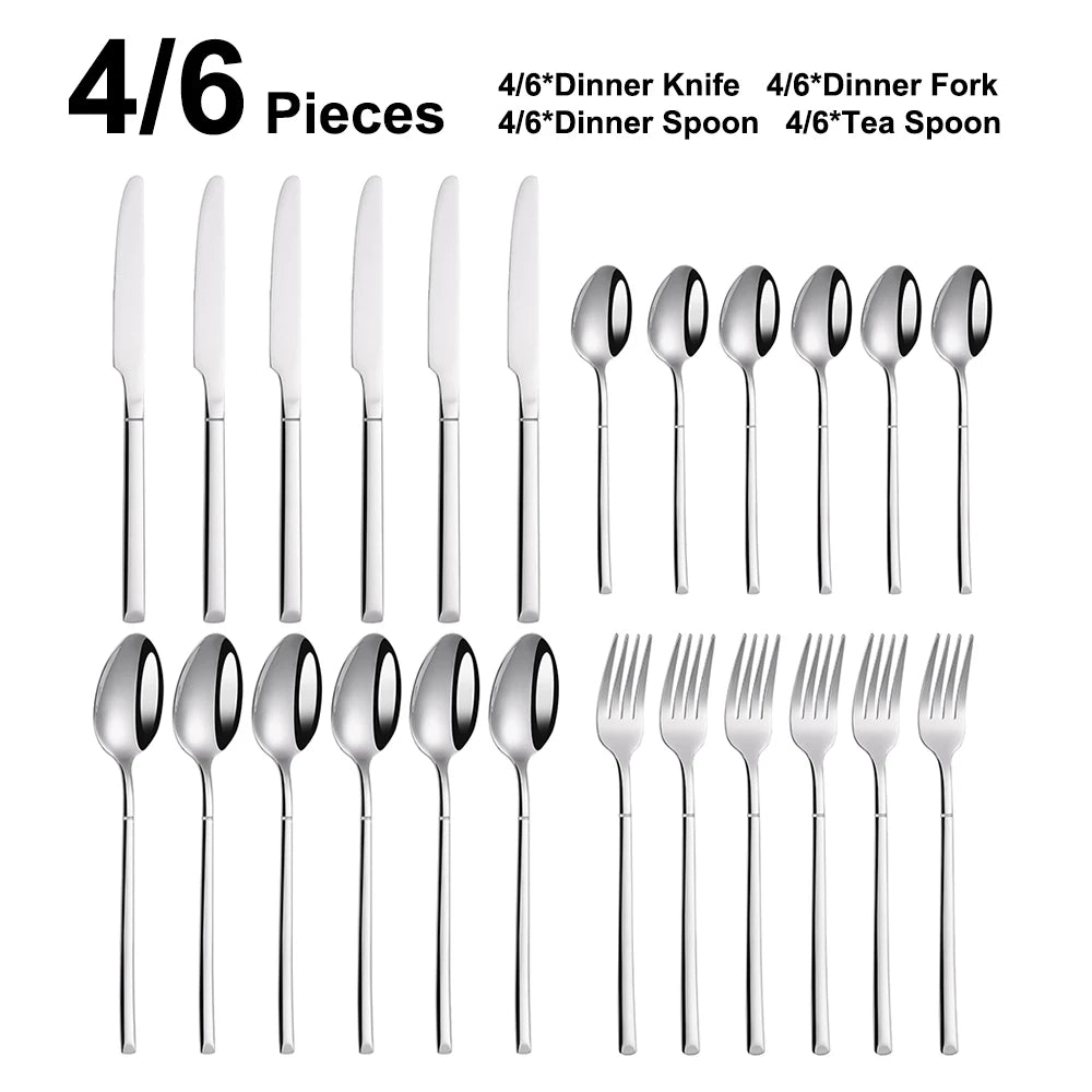 4/6 Piecces Silver Tableware Stainless Steel Cutlery Mirror Elegant Dinner Set Thin Knife Fork Spoon Flatware Sliverware