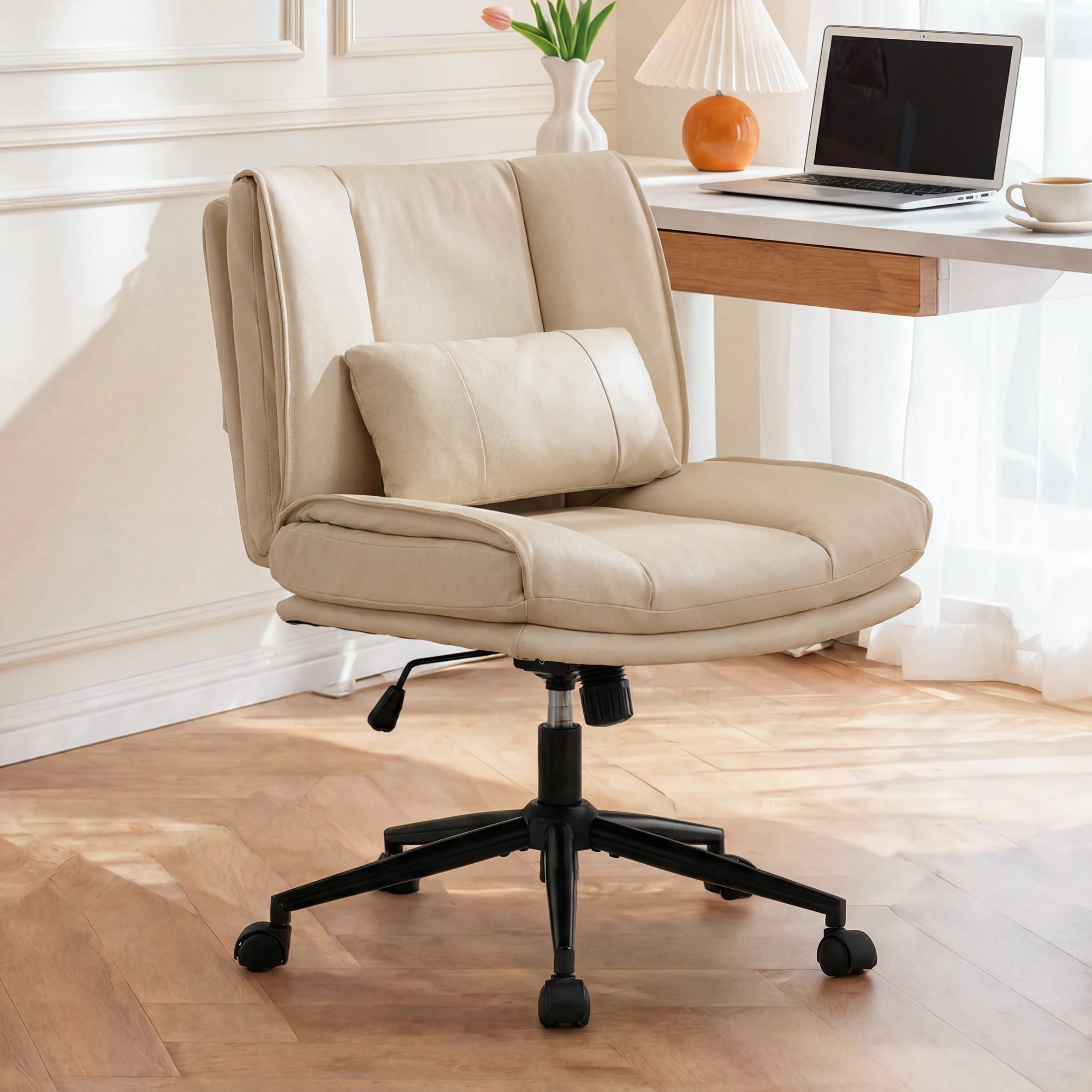 TCGBKAF Armless Criss Cross Office Chair with Wheels PU Khaki 5.5" Double Layers Thickened Seat Cushion and Backrest With Lumbar Pillow Wide Soft Cross Legged Swivel Chair