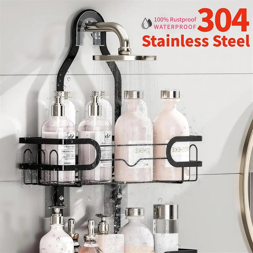 3 Tier Hanging Shower Caddy Over Showerhead Rustproof Bathroom Storage Organizer Rack No Drilling Shampoo Holder Shelf with Removable Soap Basket Hooks for Razor Sponge Black Bathroom Accessories Space Saver