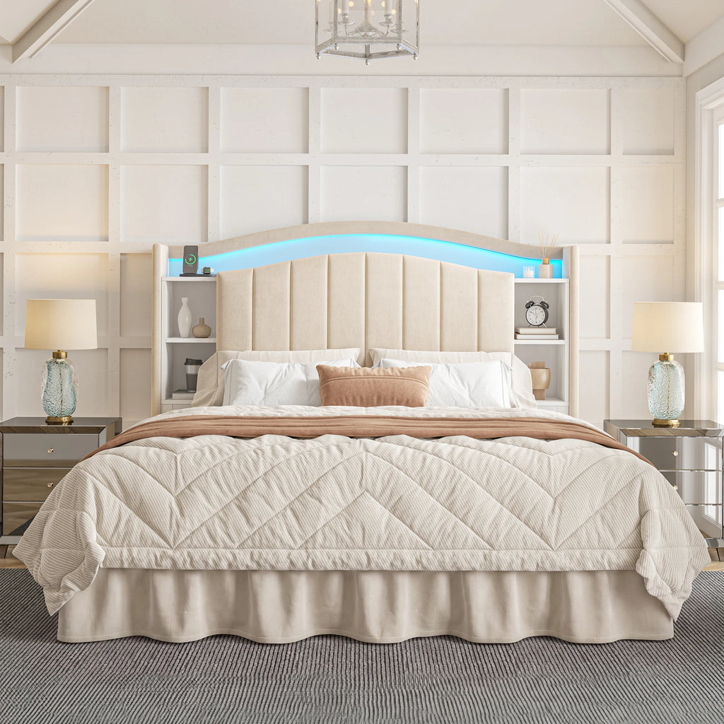EnHomee Bed Frame with Bookcase Headboard & Hidden-Cubby Platform Bed Frame with Bed Skirt Design, LED Lights & Charging Station, 14-Inch Under Bed Storage, Noise-Free