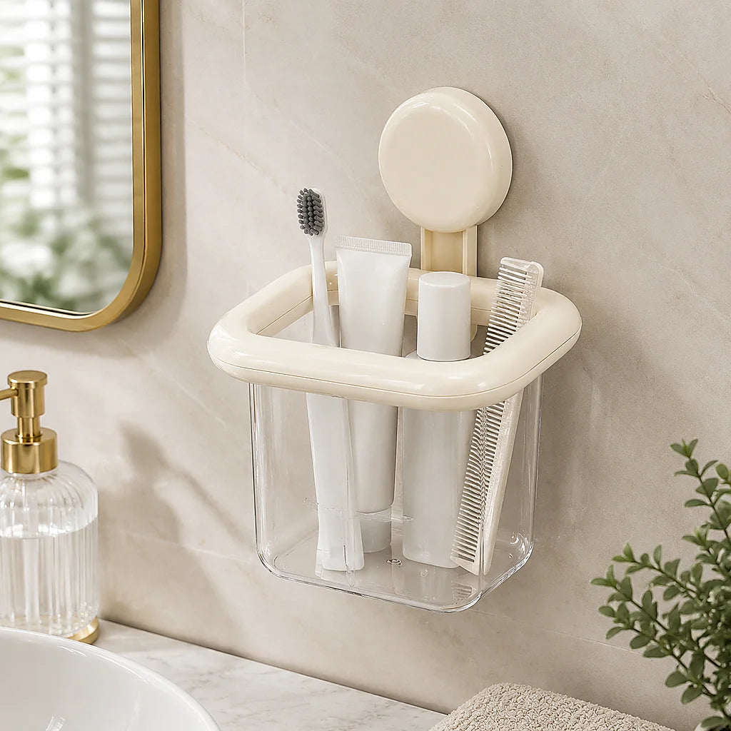 Punch‑Free Suction Cup Wall Mount Storage Holder, Wall Hanging Mini Organizer Cup for Makeup Brushes Toothbrush Small Sundries, Removable Suction Storage Bin for Bathroom Vanity Kitchen