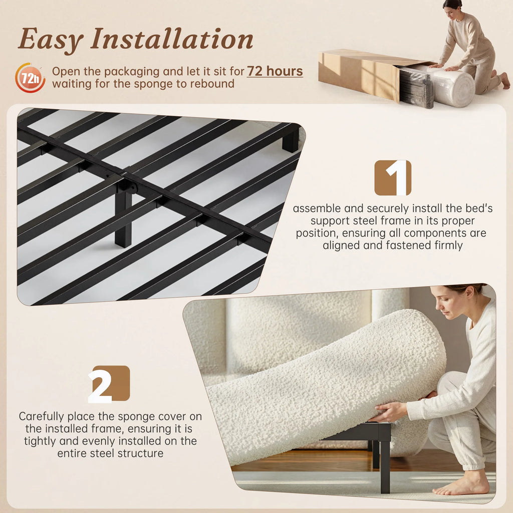 EnHomee Cloud Bed Frame with 4-inch Thick Headboard Protection, Upholstered Soft Bed Frame with Soft Rounded Corners, No Box Spring Needed