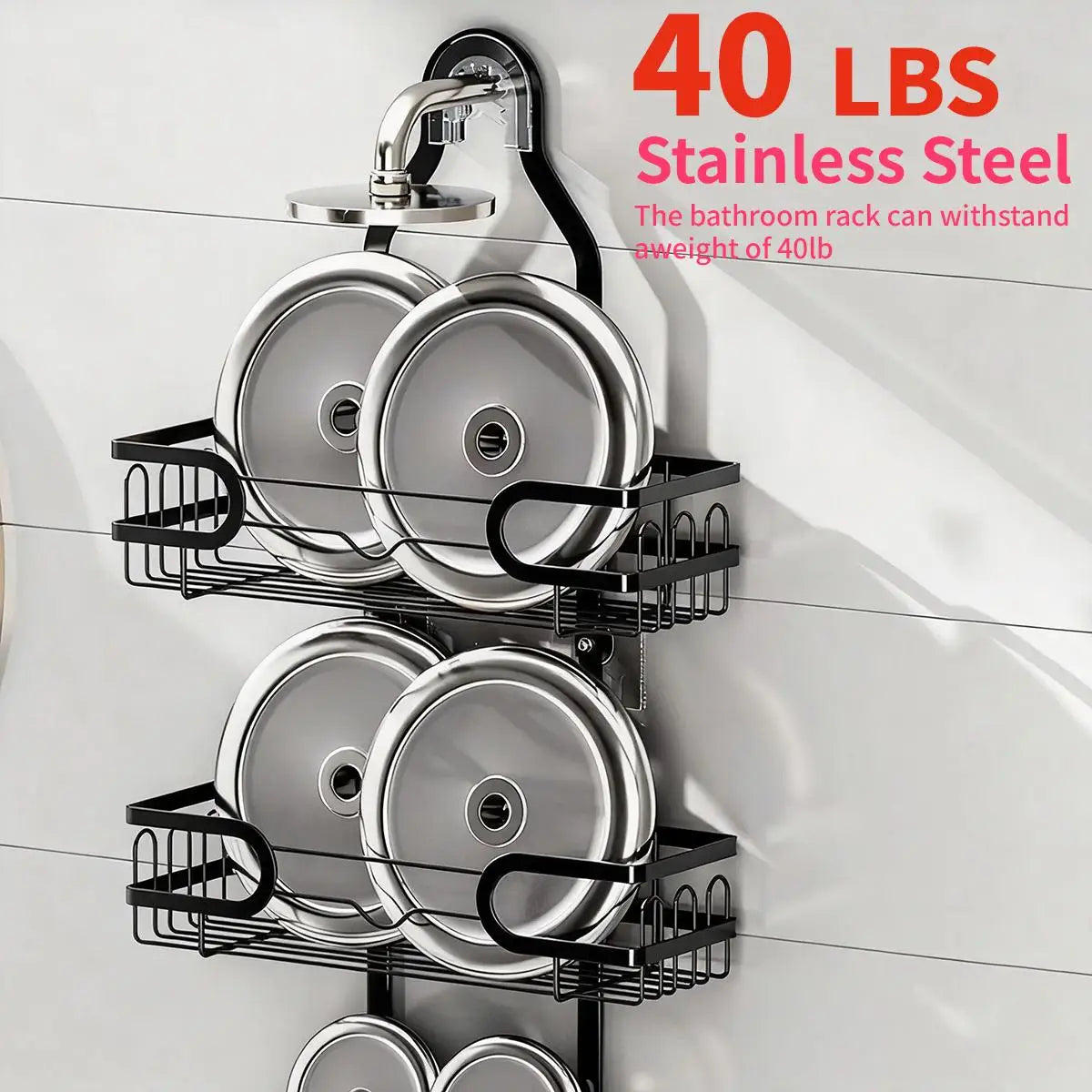 3 Tier Hanging Shower Caddy Over Showerhead Rustproof Bathroom Storage Organizer Rack No Drilling Shampoo Holder Shelf with Removable Soap Basket Hooks for Razor Sponge Black Bathroom Accessories Space Saver