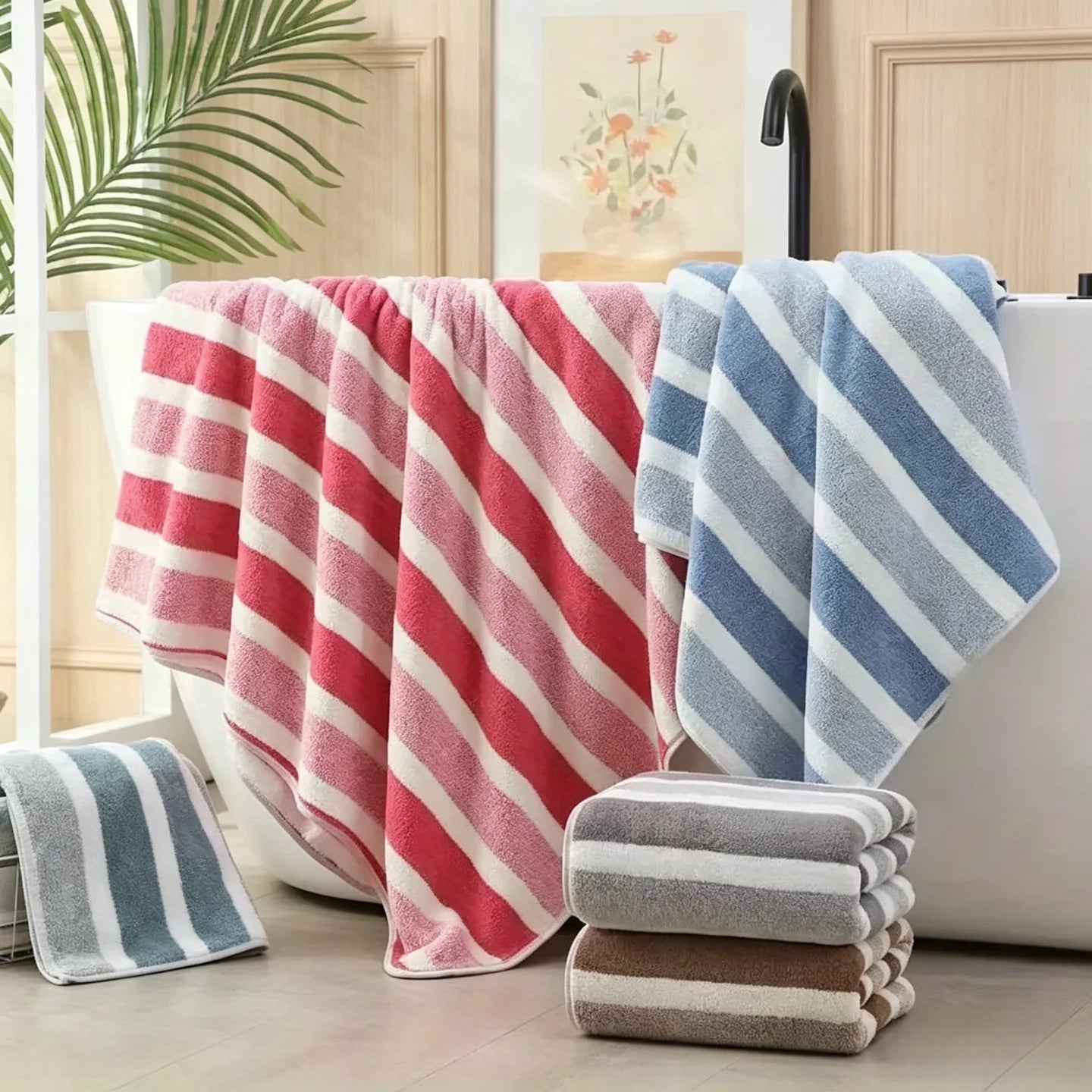 8-Piece Ultra Absorbent Towel Set, Lint-Free & Super Soft Two-Tone Striped Bath Towel Collection, Premium Microfiber Bathroom Towel Set Includes 2 Bath Towels, 2 Face Towels & 4 Hand Towels, Suitable for Bathroom, Spa & Hotel