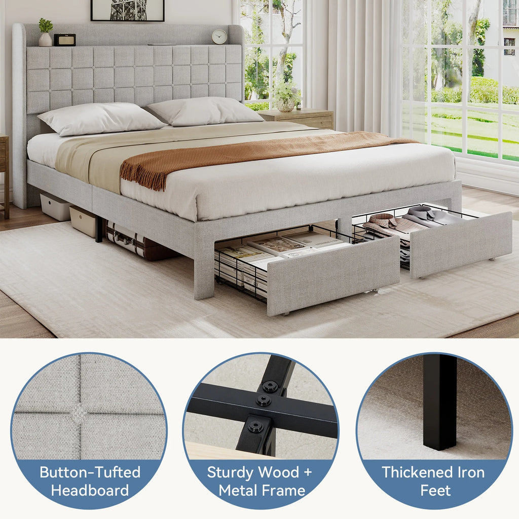 MCQ Full Queen Size Bed Frame with Headboard Sturdy Wooden Slats Support Upholstere Platform Bedframe with 2 Fabric Underbed Storage Drawers No Box Spring Needed For Home Bedroom