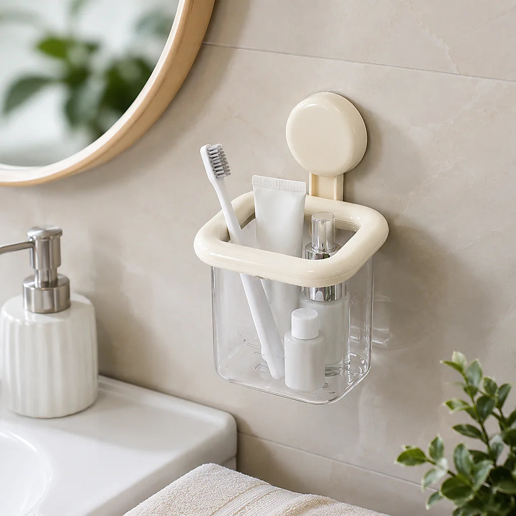 Punch‑Free Suction Cup Wall Mount Storage Holder, Wall Hanging Mini Organizer Cup for Makeup Brushes Toothbrush Small Sundries, Removable Suction Storage Bin for Bathroom Vanity Kitchen