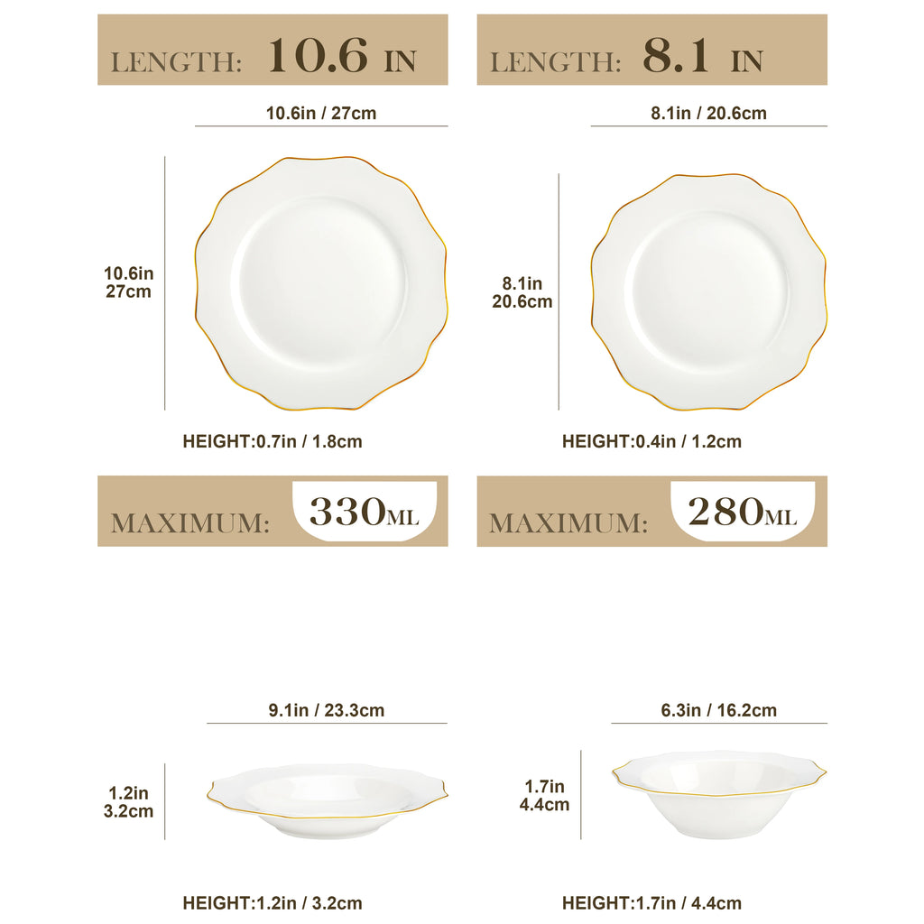 MALACASA 16/32-PIECE Nordic European Golden Rim White Porcelain Tableware Set with Bowl,Dinner&Dessert&Soup Plate Set for 4/8