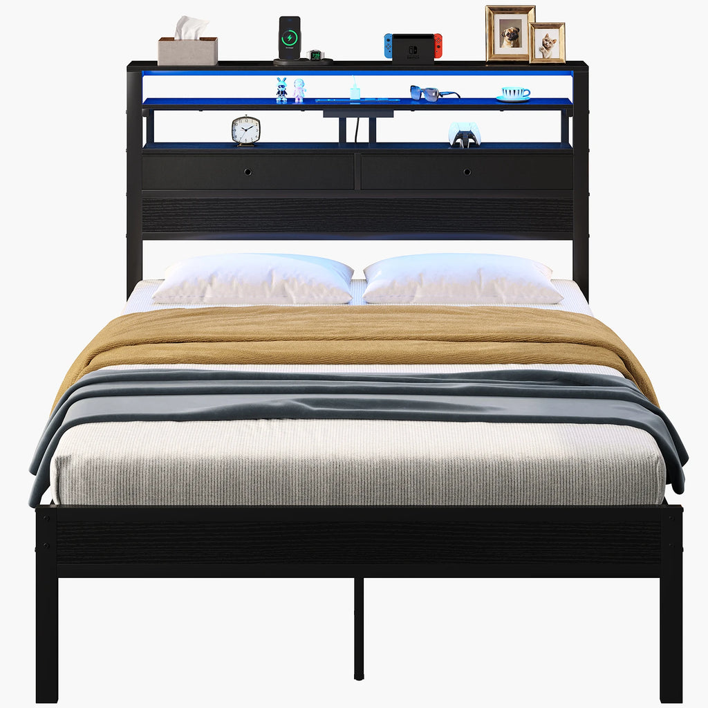 MCQ Basic Bed Frame Metal Platform with Storage LED Charging Station Headboard Sturdy Steel Slat Support All Size Bedroom Bed For Home