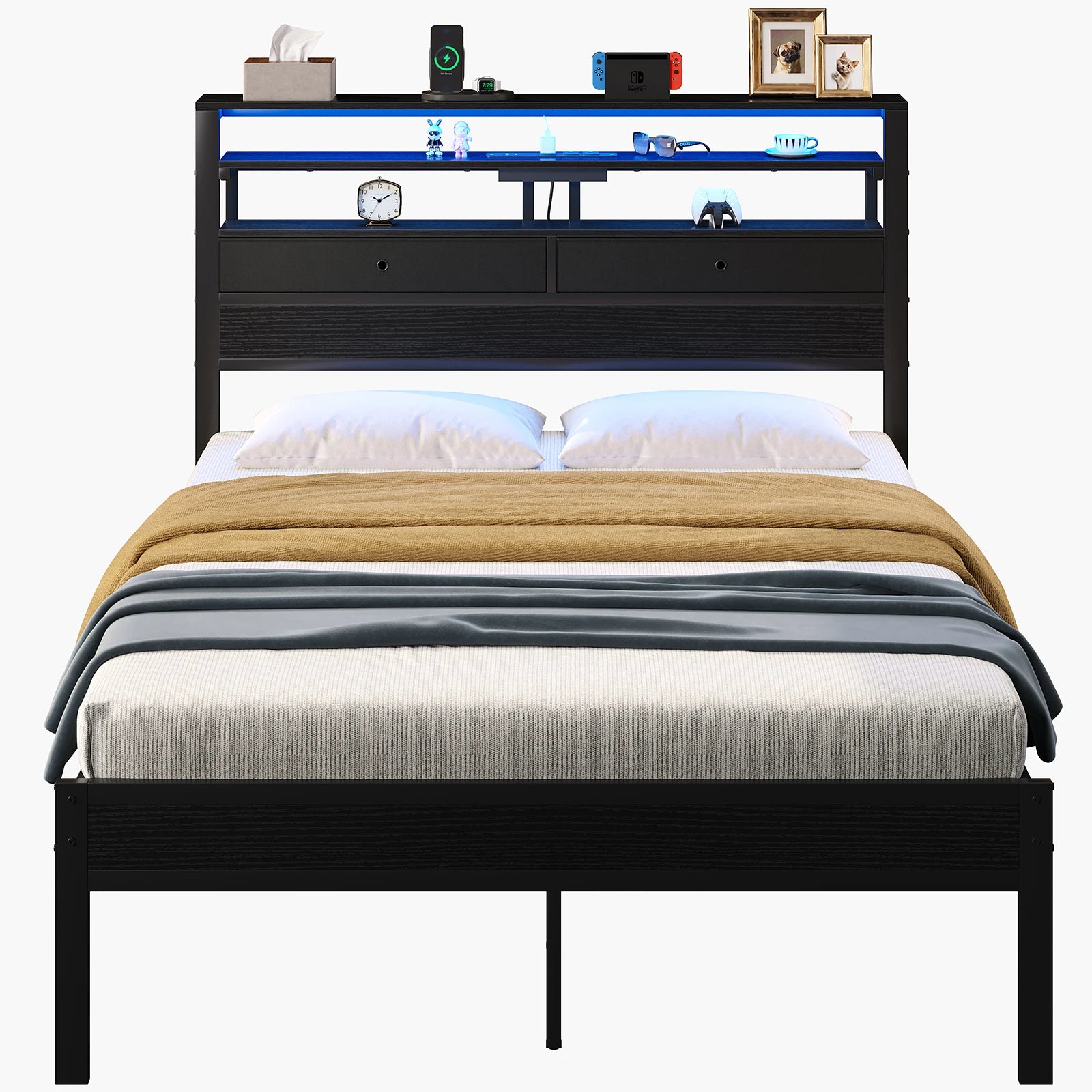 MCQ Basic Bed Frame Metal Platform with Storage LED Charging Station Headboard Sturdy Steel Slat Support All Size Bedroom Bed For Home