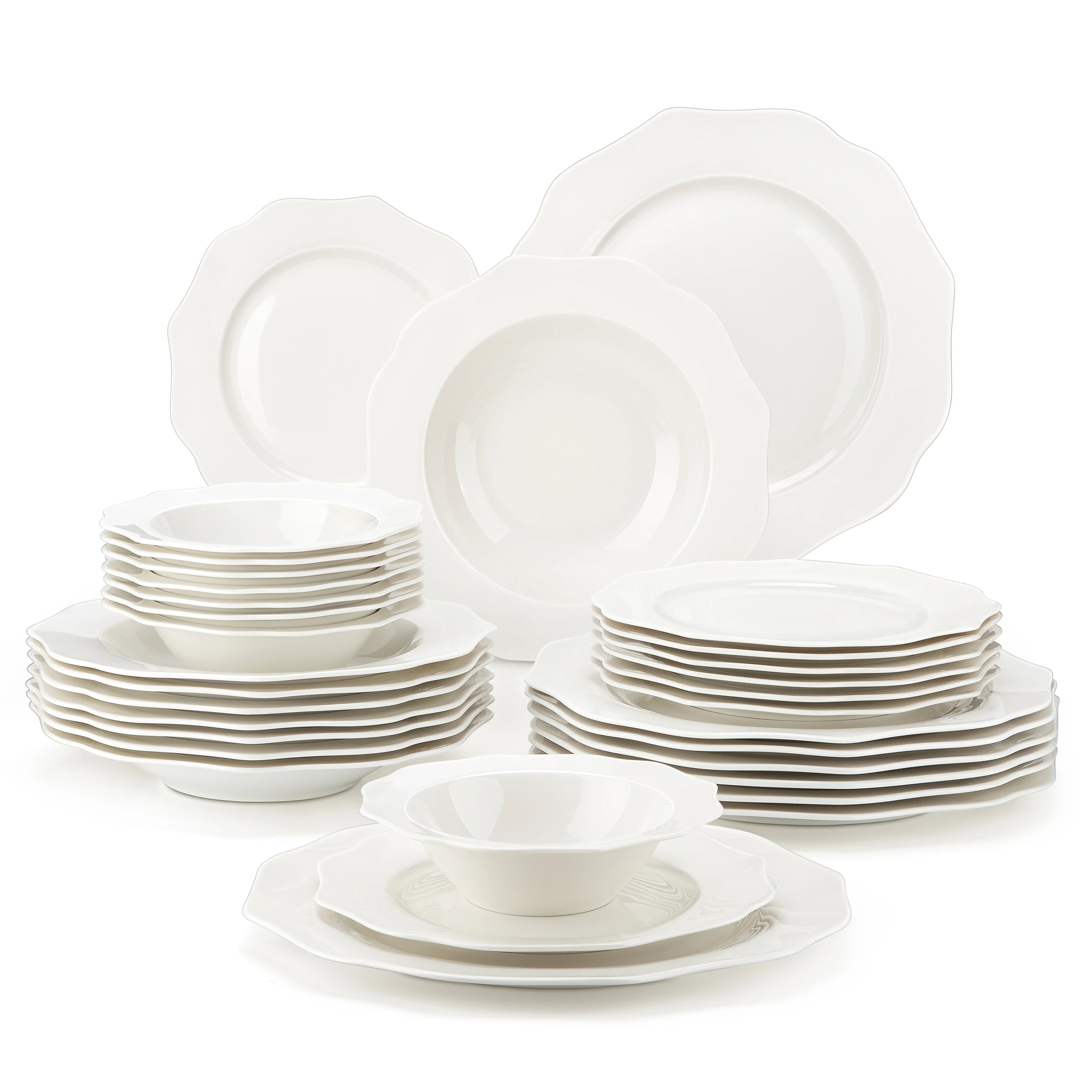 MALACASA 16/32-PIECE Nordic European Golden Rim White Porcelain Tableware Set with Bowl,Dinner&Dessert&Soup Plate Set for 4/8