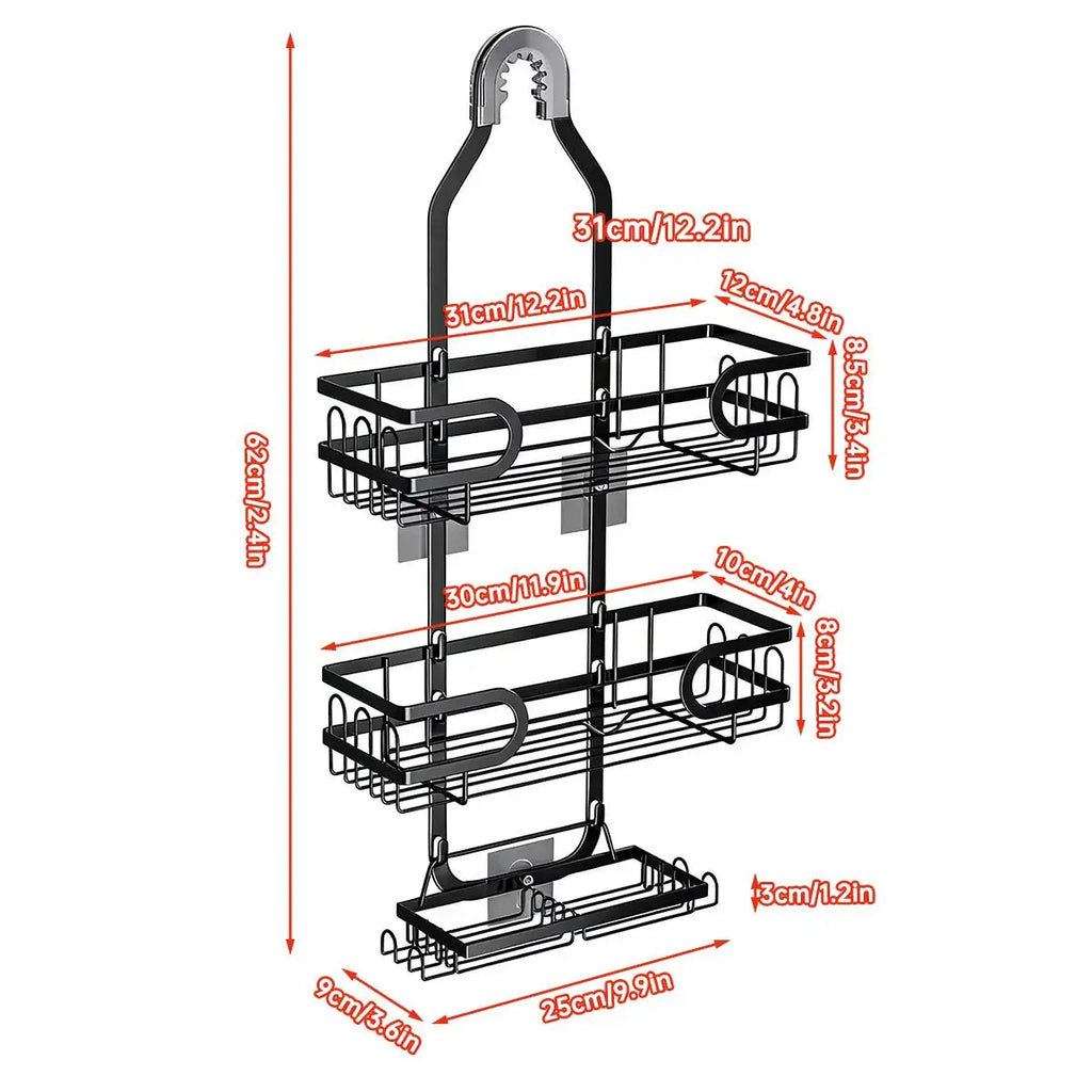 3 Tier Hanging Shower Caddy Over Showerhead Rustproof Bathroom Storage Organizer Rack No Drilling Shampoo Holder Shelf with Removable Soap Basket Hooks for Razor Sponge Black Bathroom Accessories Space Saver