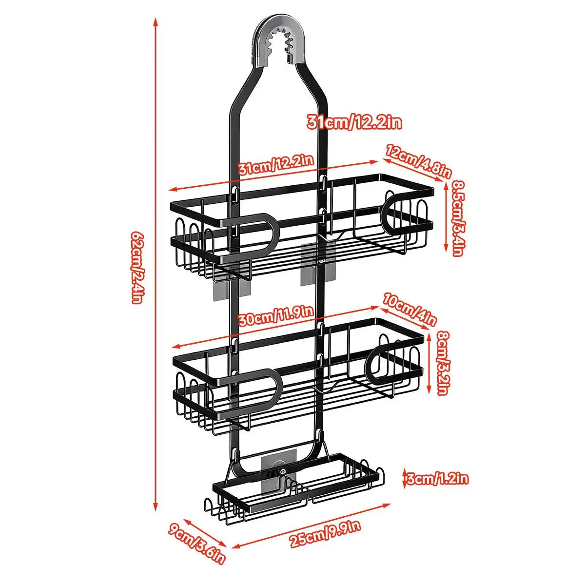 3 Tier Hanging Shower Caddy Over Showerhead Rustproof Bathroom Storage Organizer Rack No Drilling Shampoo Holder Shelf with Removable Soap Basket Hooks for Razor Sponge Black Bathroom Accessories Space Saver