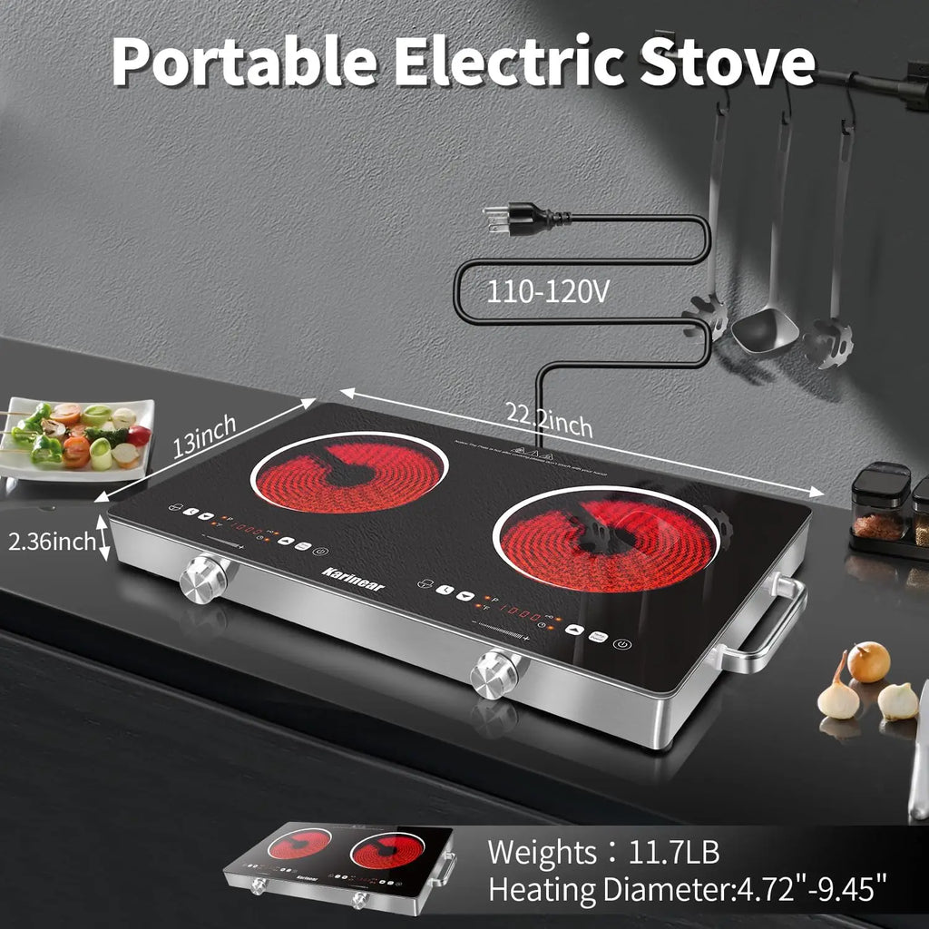 Karinear Ceramic Hob 2 Zones, 3200W Plug in Electric Hob with Safety Lock, Knobs&Touch Control, 56cm Coutertop Freestanding 240V