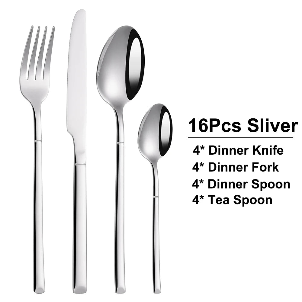 4/6 Piecces Silver Tableware Stainless Steel Cutlery Mirror Elegant Dinner Set Thin Knife Fork Spoon Flatware Sliverware