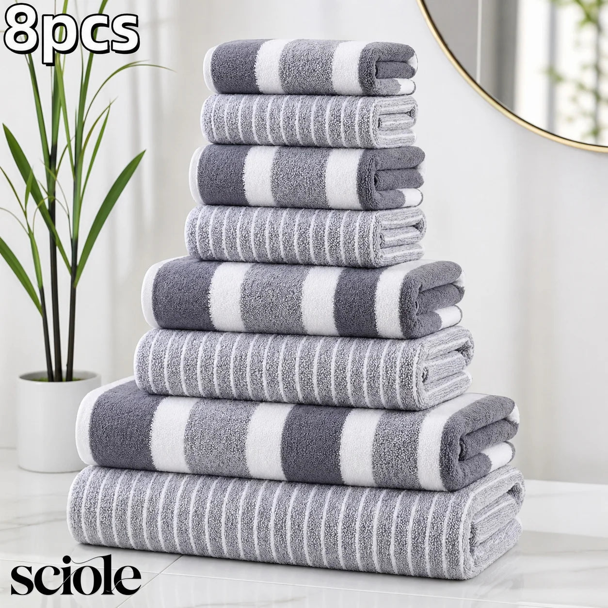 8-Piece Ultra Absorbent Towel Set, Lint-Free & Super Soft Two-Tone Striped Bath Towel Collection, Premium Microfiber Bathroom Towel Set Includes 2 Bath Towels, 2 Face Towels & 4 Hand Towels, Suitable for Bathroom, Spa & Hotel