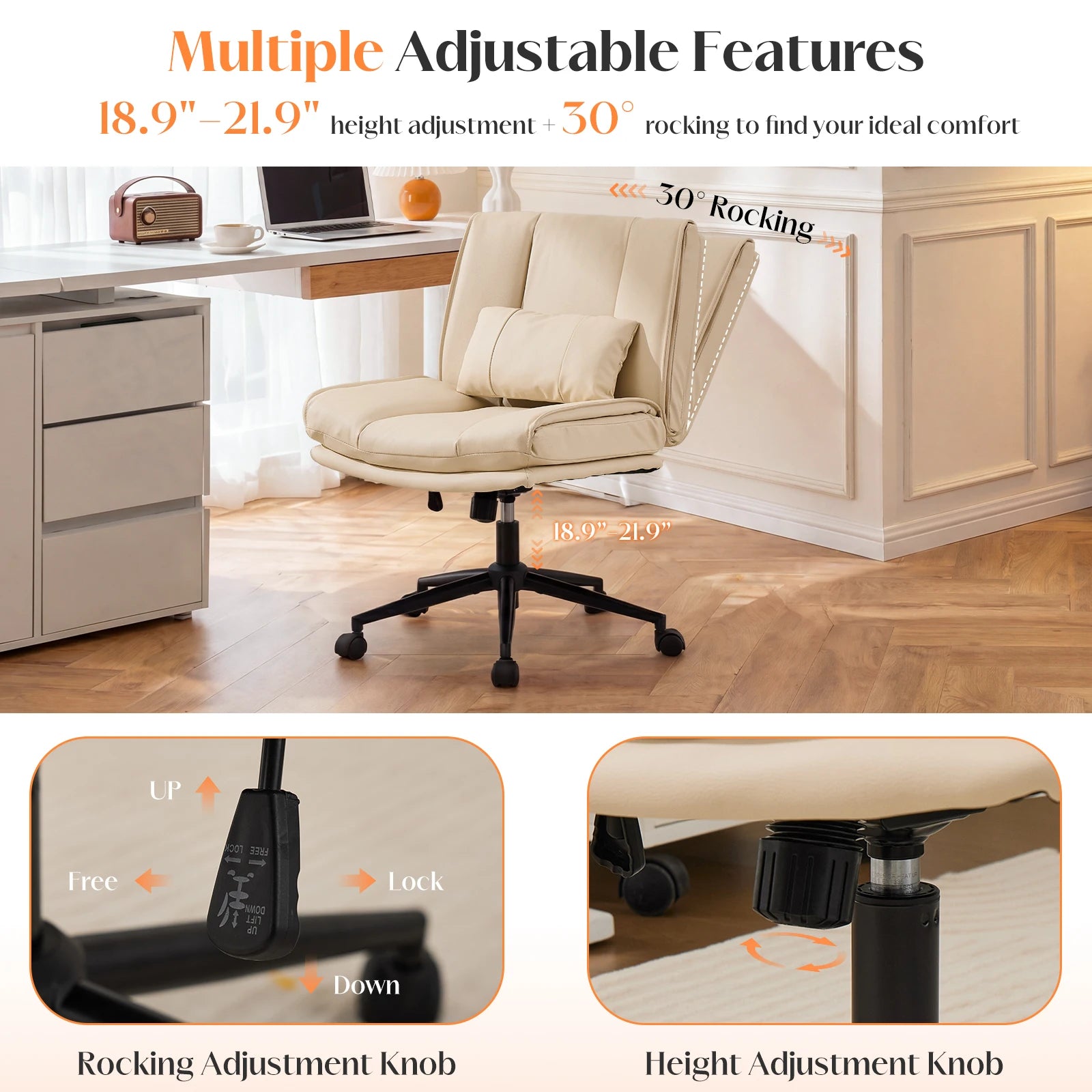 TCGBKAF Armless Criss Cross Office Chair with Wheels PU Khaki 5.5" Double Layers Thickened Seat Cushion and Backrest With Lumbar Pillow Wide Soft Cross Legged Swivel Chair