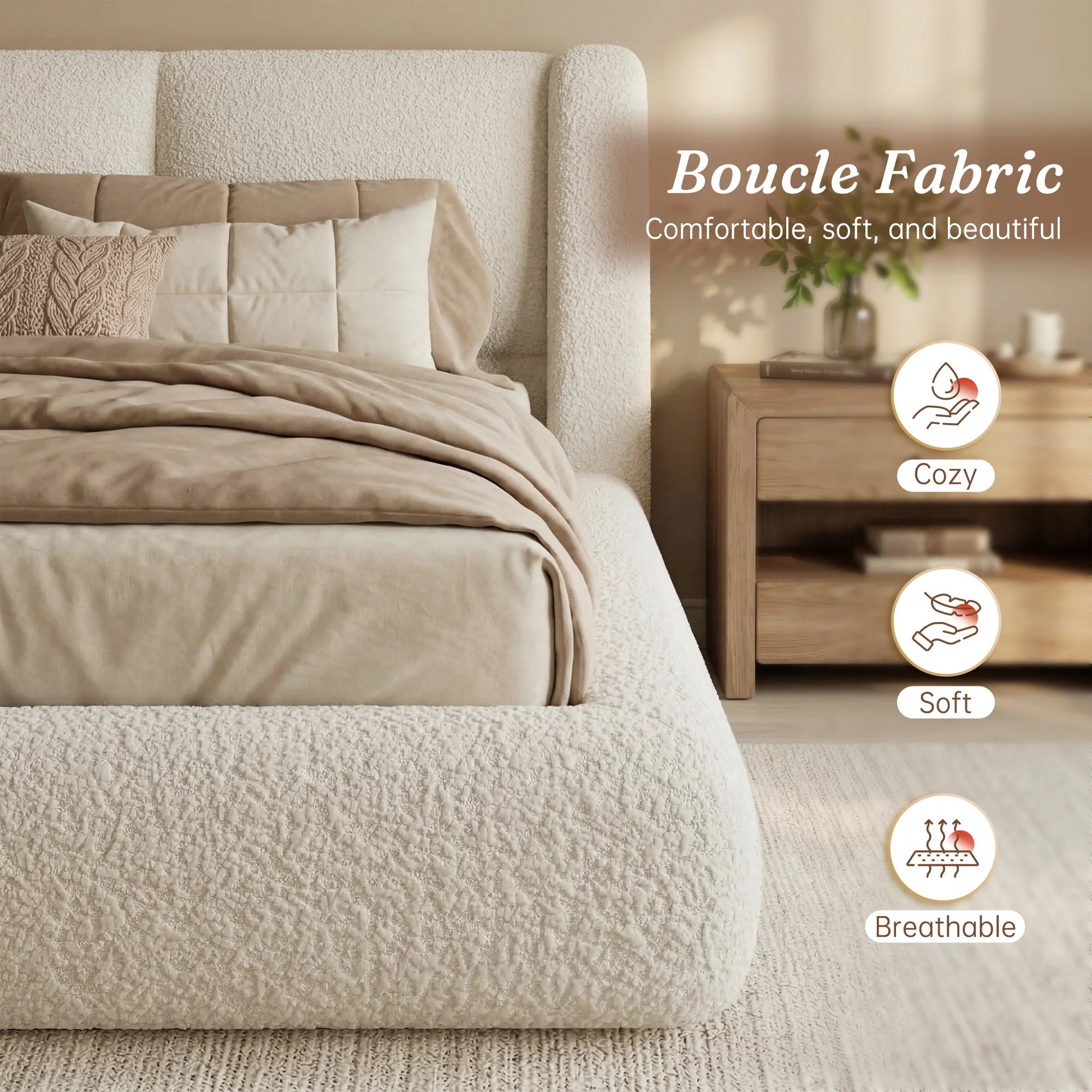 EnHomee Cloud Bed Frame with 4-inch Thick Headboard Protection, Upholstered Soft Bed Frame with Soft Rounded Corners, No Box Spring Needed