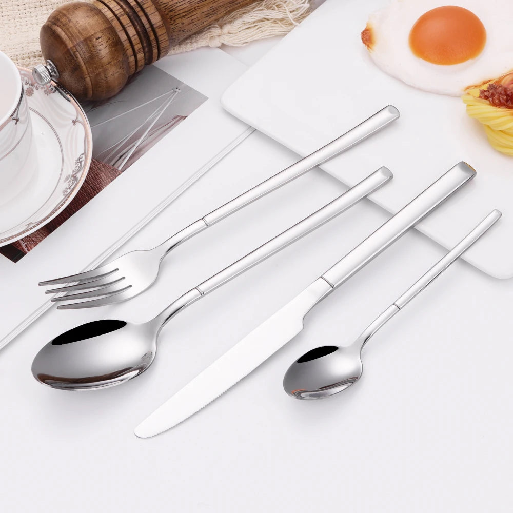 4/6 Piecces Silver Tableware Stainless Steel Cutlery Mirror Elegant Dinner Set Thin Knife Fork Spoon Flatware Sliverware