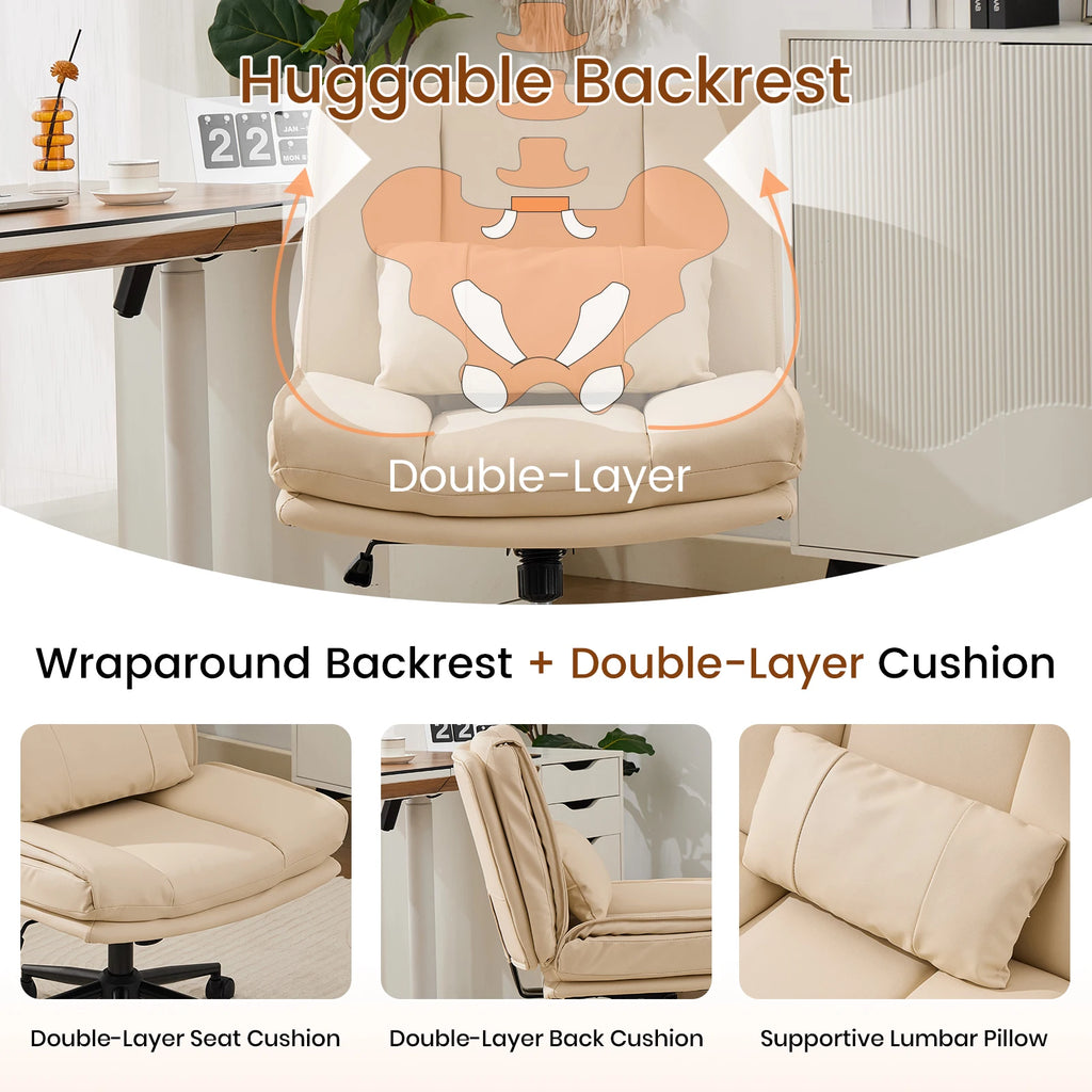 TCGBKAF Armless Criss Cross Office Chair with Wheels PU Khaki 5.5" Double Layers Thickened Seat Cushion and Backrest With Lumbar Pillow Wide Soft Cross Legged Swivel Chair