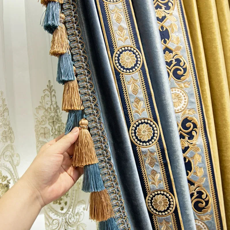 High-end European-style Luxury American-style Golden and Blue Shading Velvet Curtains Bedroom Living Room Villa Customization