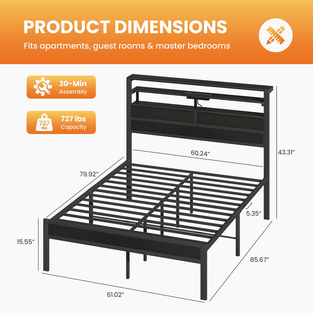 MCQ Basic Bed Frame Metal Platform with Storage LED Charging Station Headboard Sturdy Steel Slat Support All Size Bedroom Bed For Home