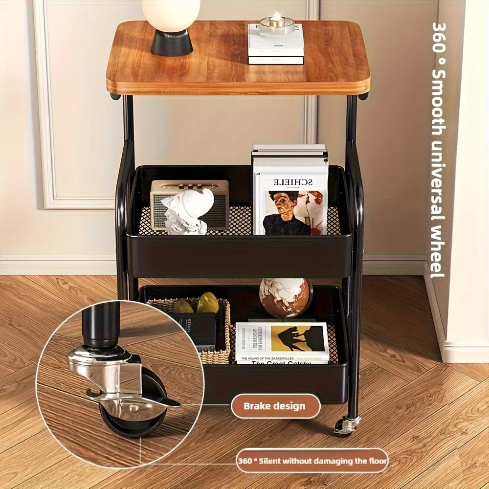 3-Tier Rolling Cart with Tabletop, Metal Tool and Snack Rack with Storage, Durable Carbon Steel Frame, Wheels for Easy Mobility