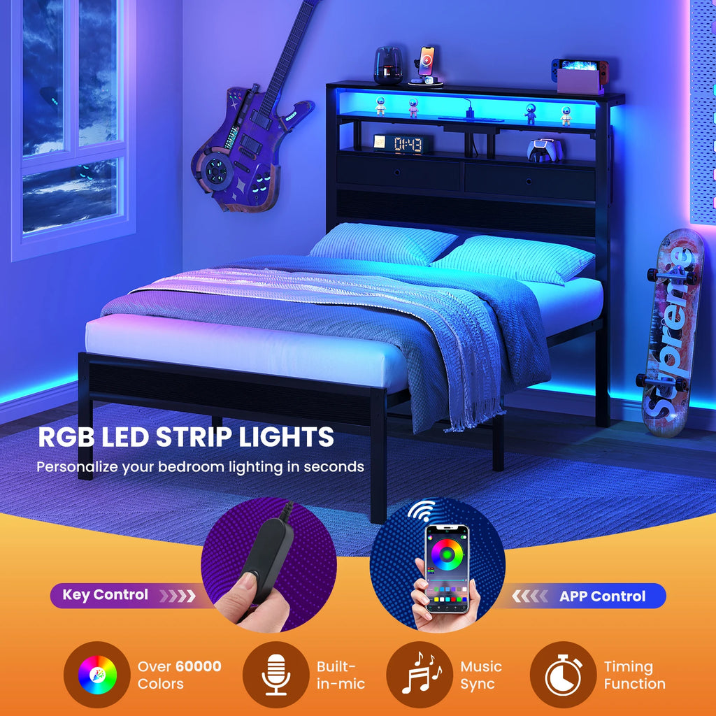 MCQ Basic Bed Frame Metal Platform with Storage LED Charging Station Headboard Sturdy Steel Slat Support All Size Bedroom Bed For Home