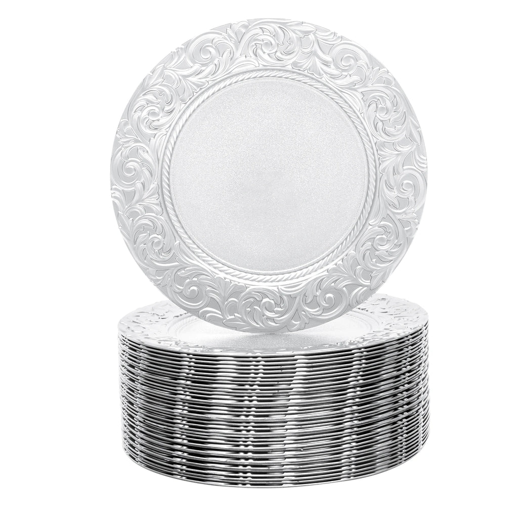 Bymaocar Charger Plate Set of 100 Silver Charger Plates Round Embossed Decorative Serving Plates Lightweight Durable PP Paint Material Impact Resistant Wear Resistant Stackable for Wedding Party Restaurant Home