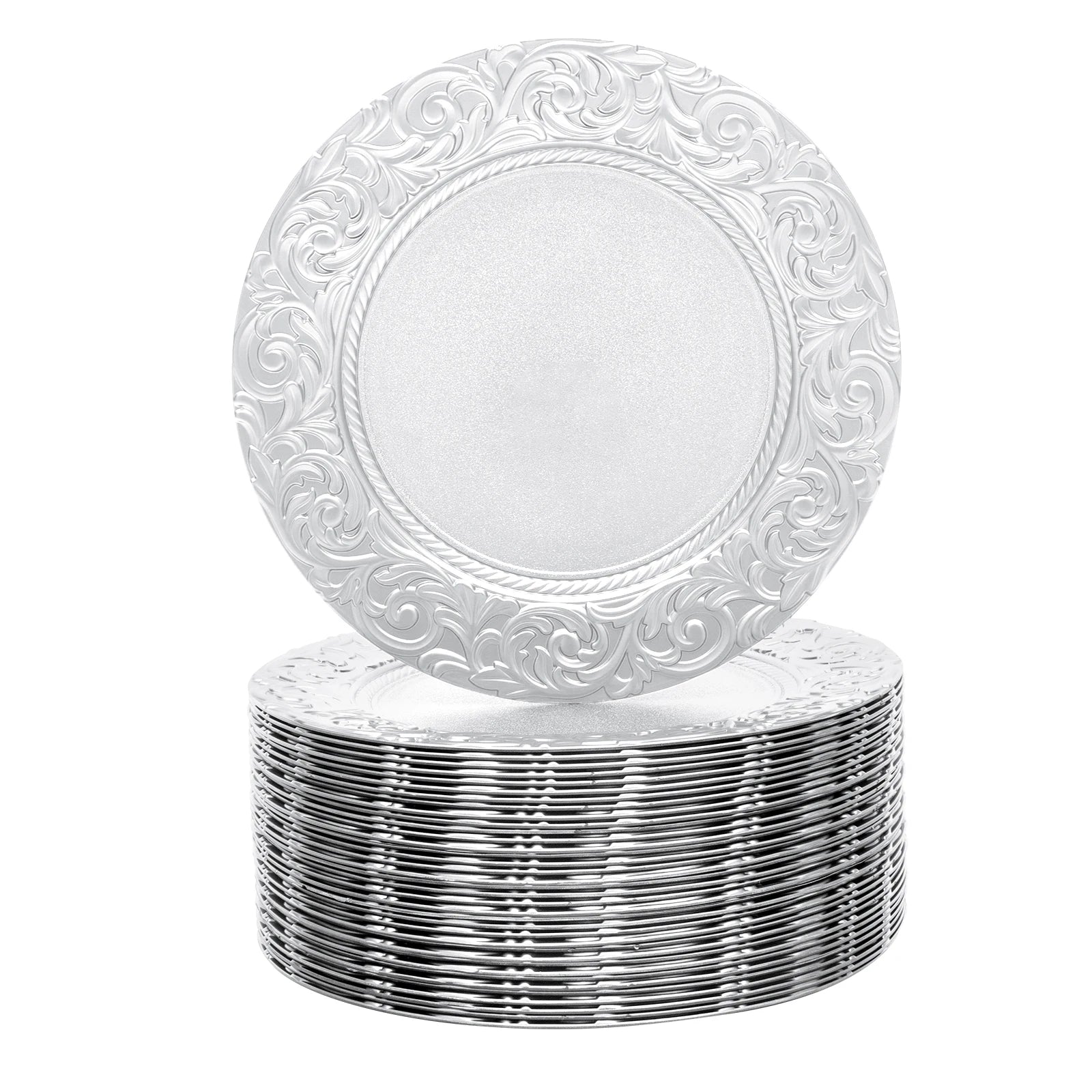 Bymaocar Charger Plate Set of 100 Silver Charger Plates Round Embossed Decorative Serving Plates Lightweight Durable PP Paint Material Impact Resistant Wear Resistant Stackable for Wedding Party Restaurant Home
