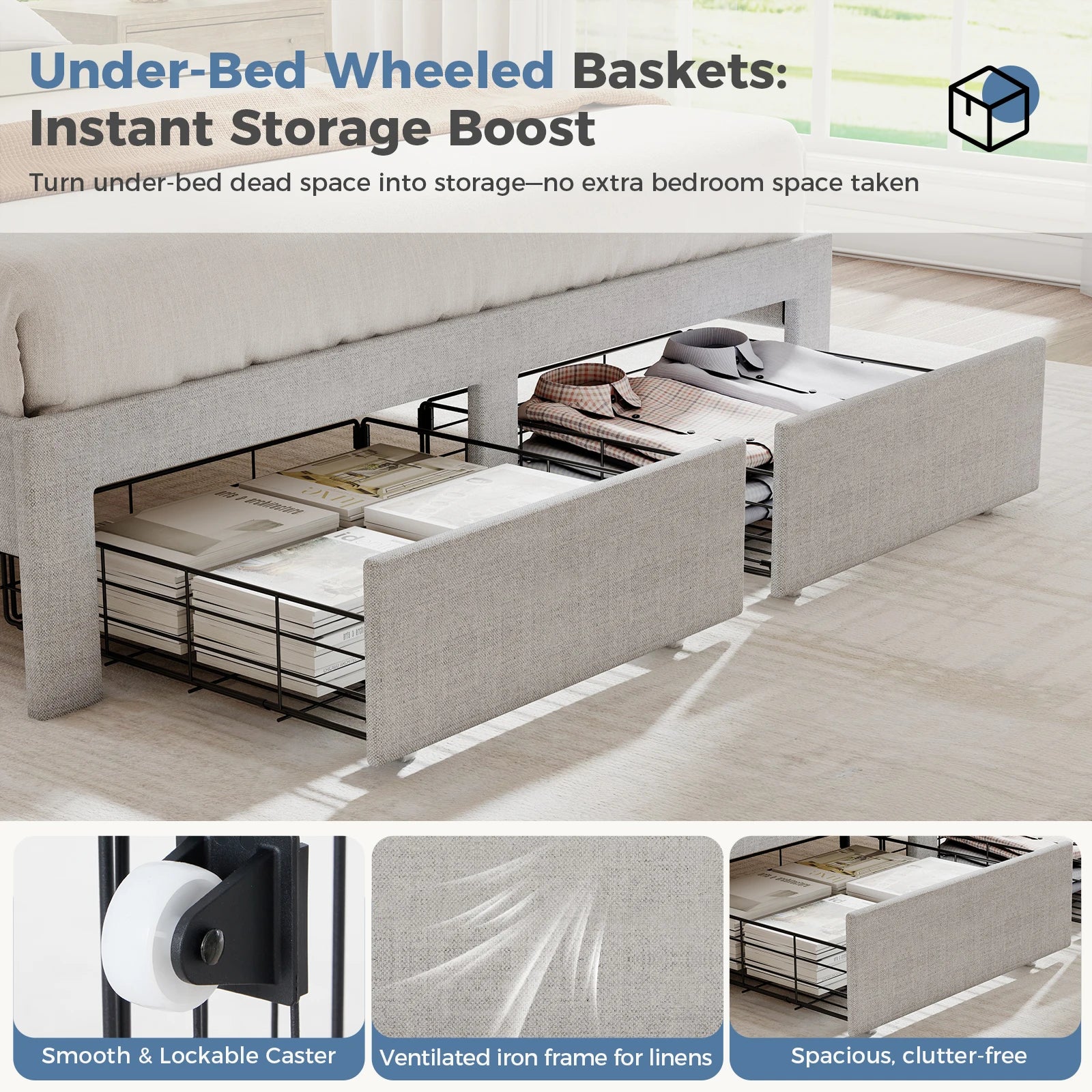 MCQ Full Queen Size Bed Frame with Headboard Sturdy Wooden Slats Support Upholstere Platform Bedframe with 2 Fabric Underbed Storage Drawers No Box Spring Needed For Home Bedroom