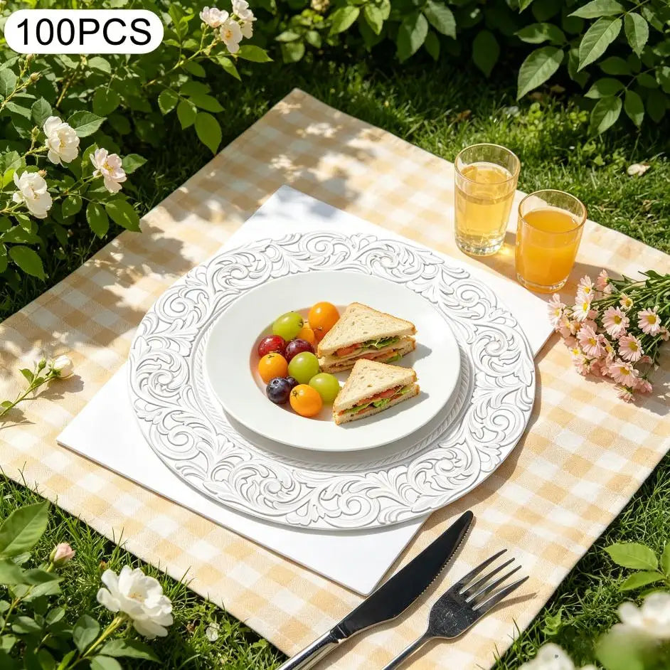 Bymaocar Charger Plate Set of 100 Silver Charger Plates Round Embossed Decorative Serving Plates Lightweight Durable PP Paint Material Impact Resistant Wear Resistant Stackable for Wedding Party Restaurant Home